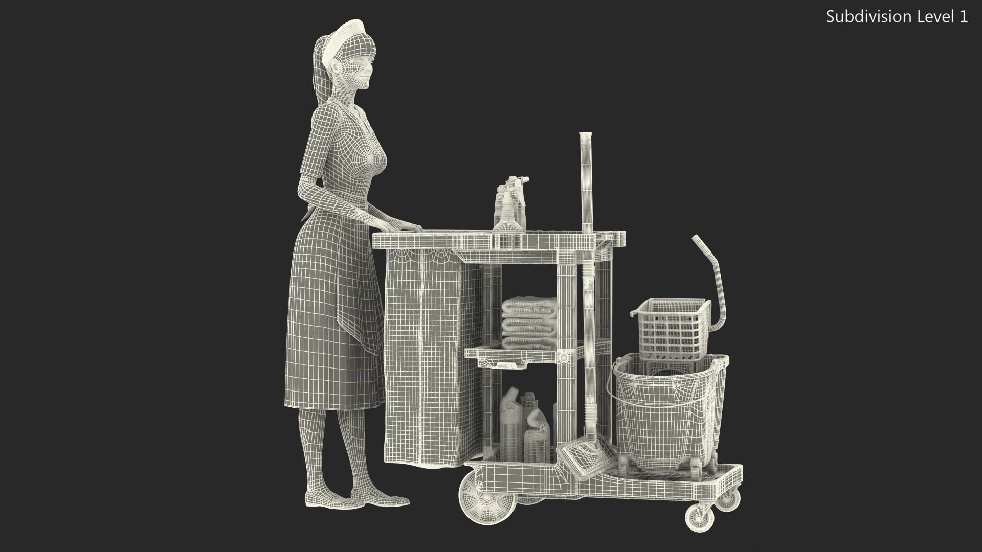 Housekeeping Maid With Multi Shelf Cleaning Cart Fur 3D