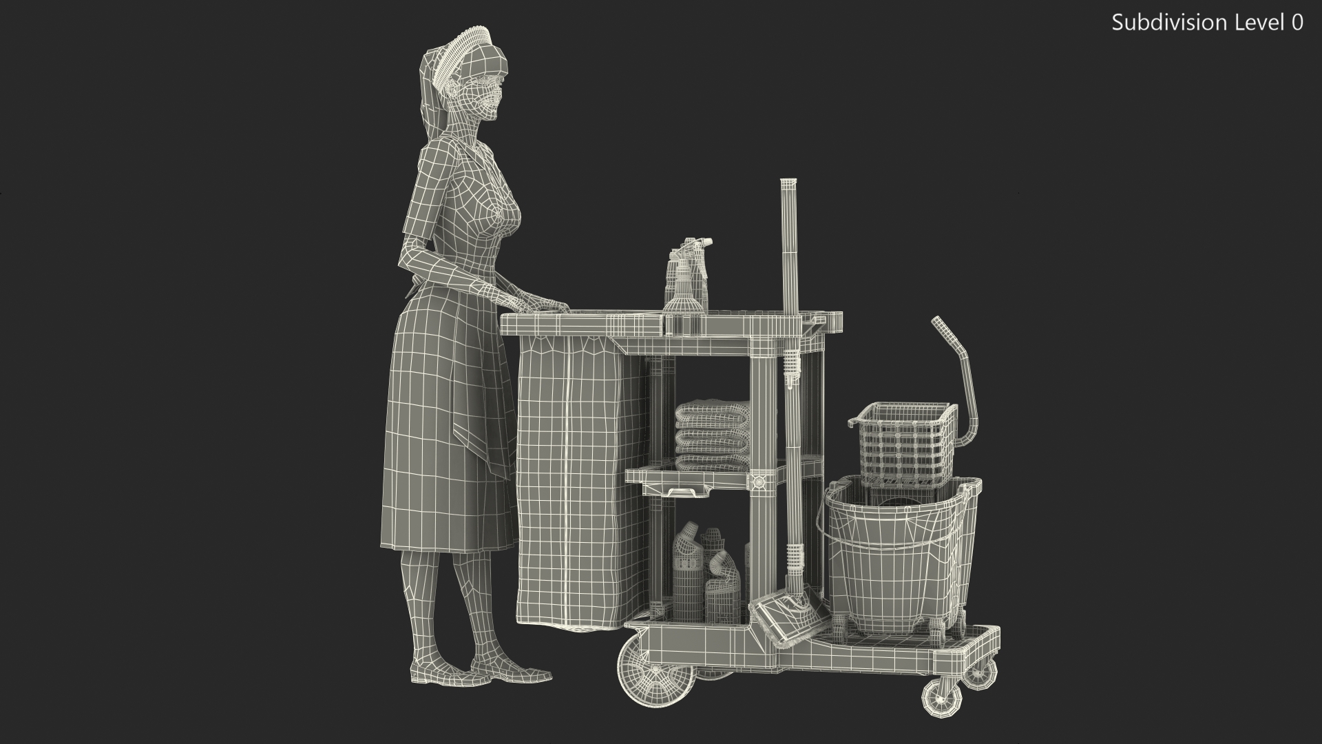Housekeeping Maid With Multi Shelf Cleaning Cart Fur 3D
