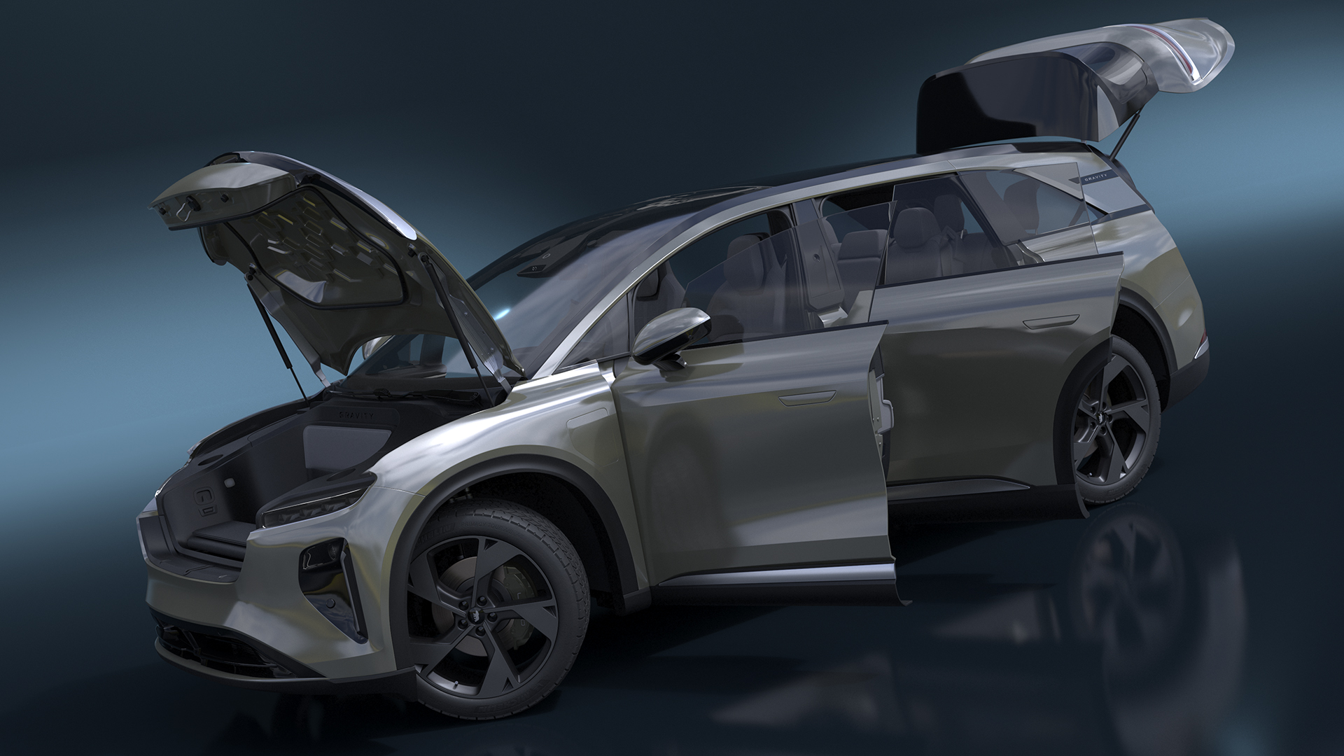 Lucid Gravity Olive Colored Electric SUV with Lights Off Rigged for Maya 3D