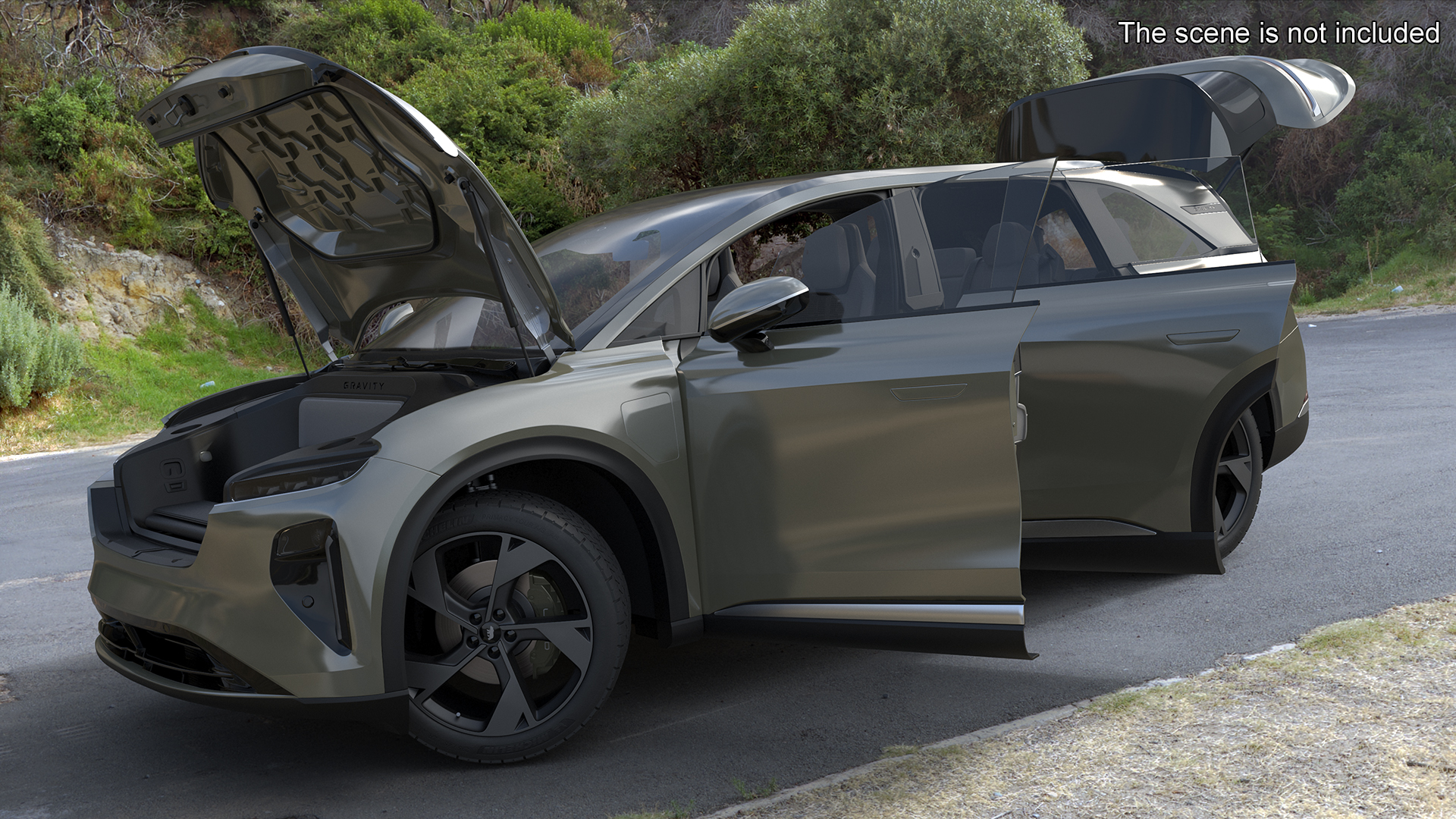 Lucid Gravity Olive Colored Electric SUV with Lights Off Rigged for Maya 3D