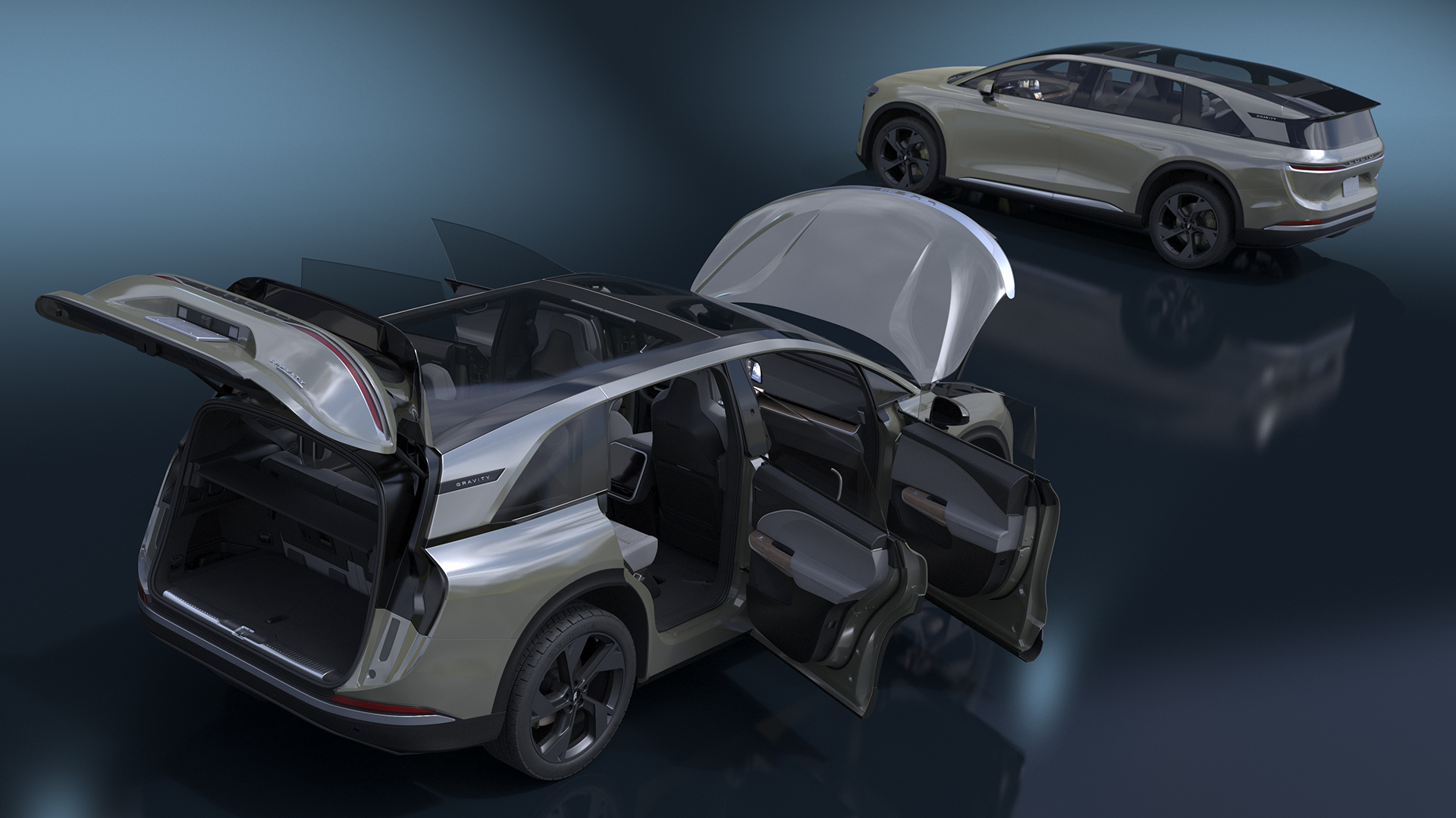 Lucid Gravity Olive Colored Electric SUV with Lights Off Rigged for Maya 3D
