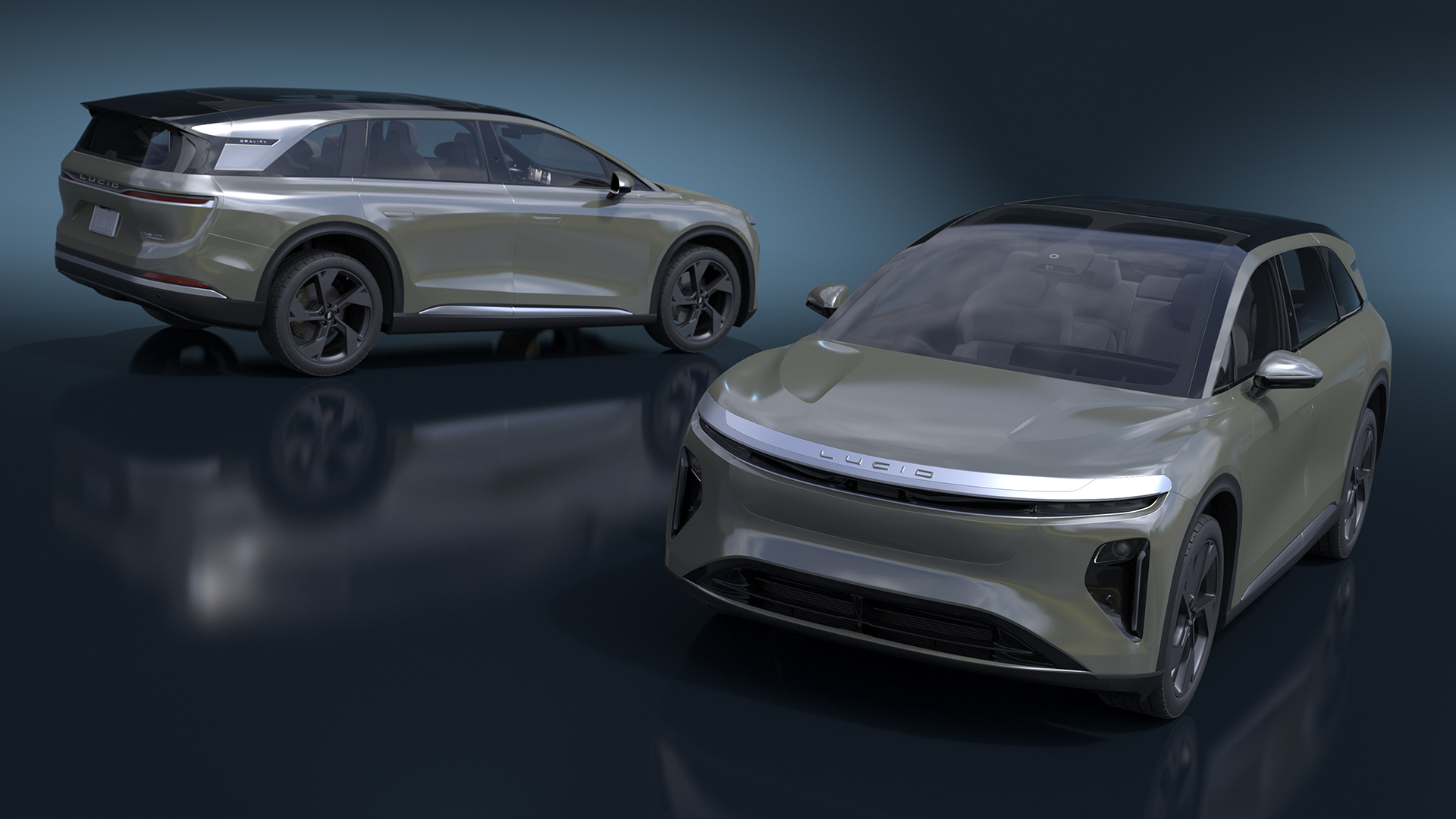 Lucid Gravity Olive Colored Electric SUV with Lights Off Rigged for Maya 3D