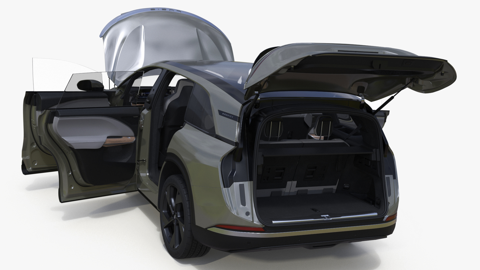 Lucid Gravity Olive Colored Electric SUV with Lights Off Rigged for Maya 3D