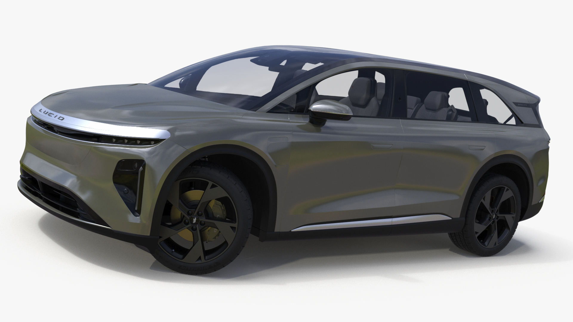 Lucid Gravity Olive Colored Electric SUV with Lights Off Rigged for Maya 3D