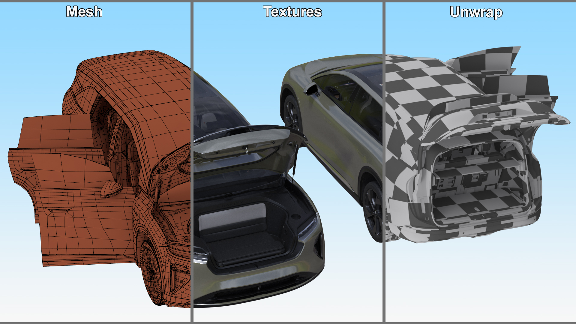Lucid Gravity Olive Colored Electric SUV with Lights Off Rigged for Maya 3D