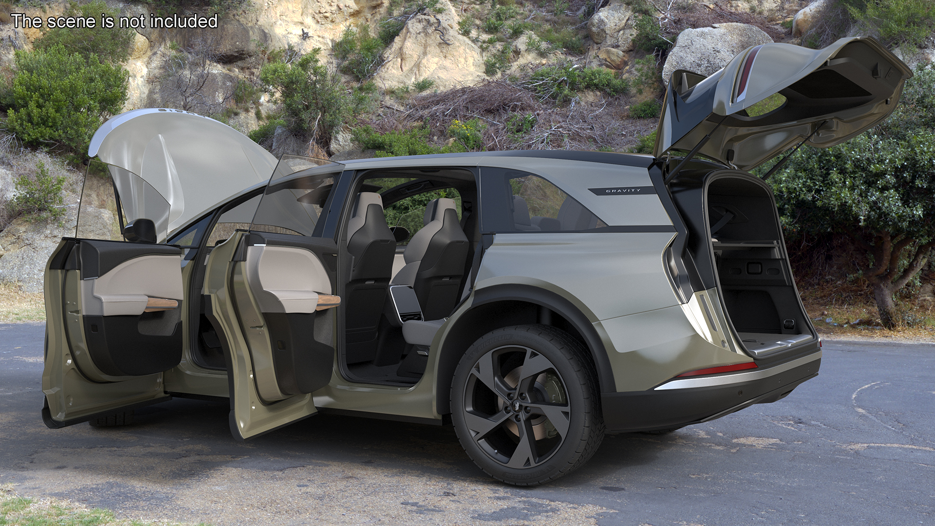 Lucid Gravity Olive Colored Electric SUV with Lights Off Rigged for Maya 3D