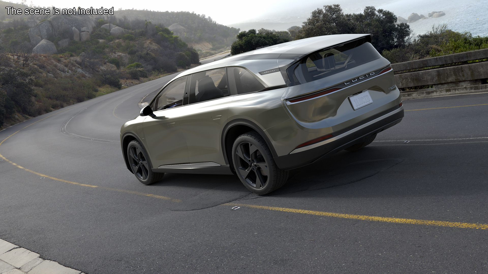 Lucid Gravity Olive Colored Electric SUV with Lights Off Rigged for Maya 3D