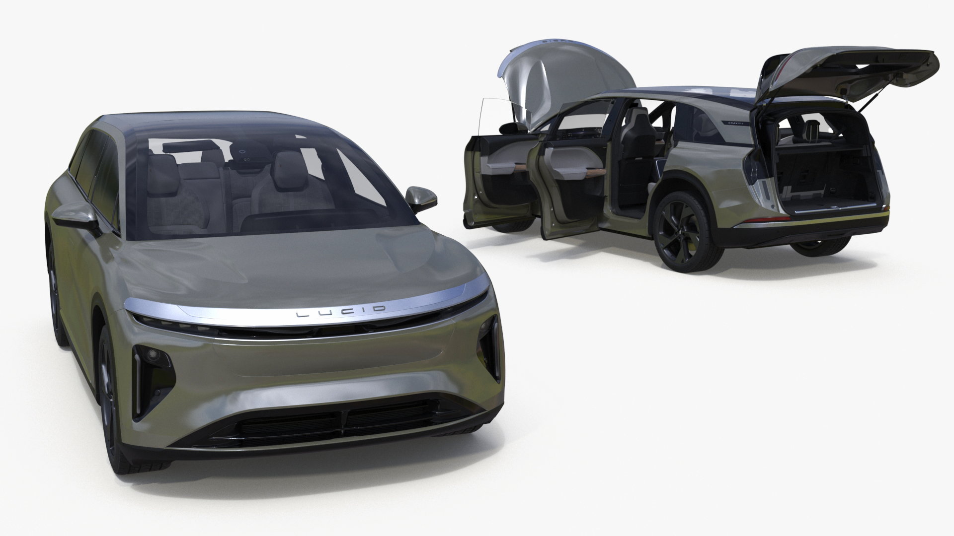 Lucid Gravity Olive Colored Electric SUV with Lights Off Rigged for Maya 3D