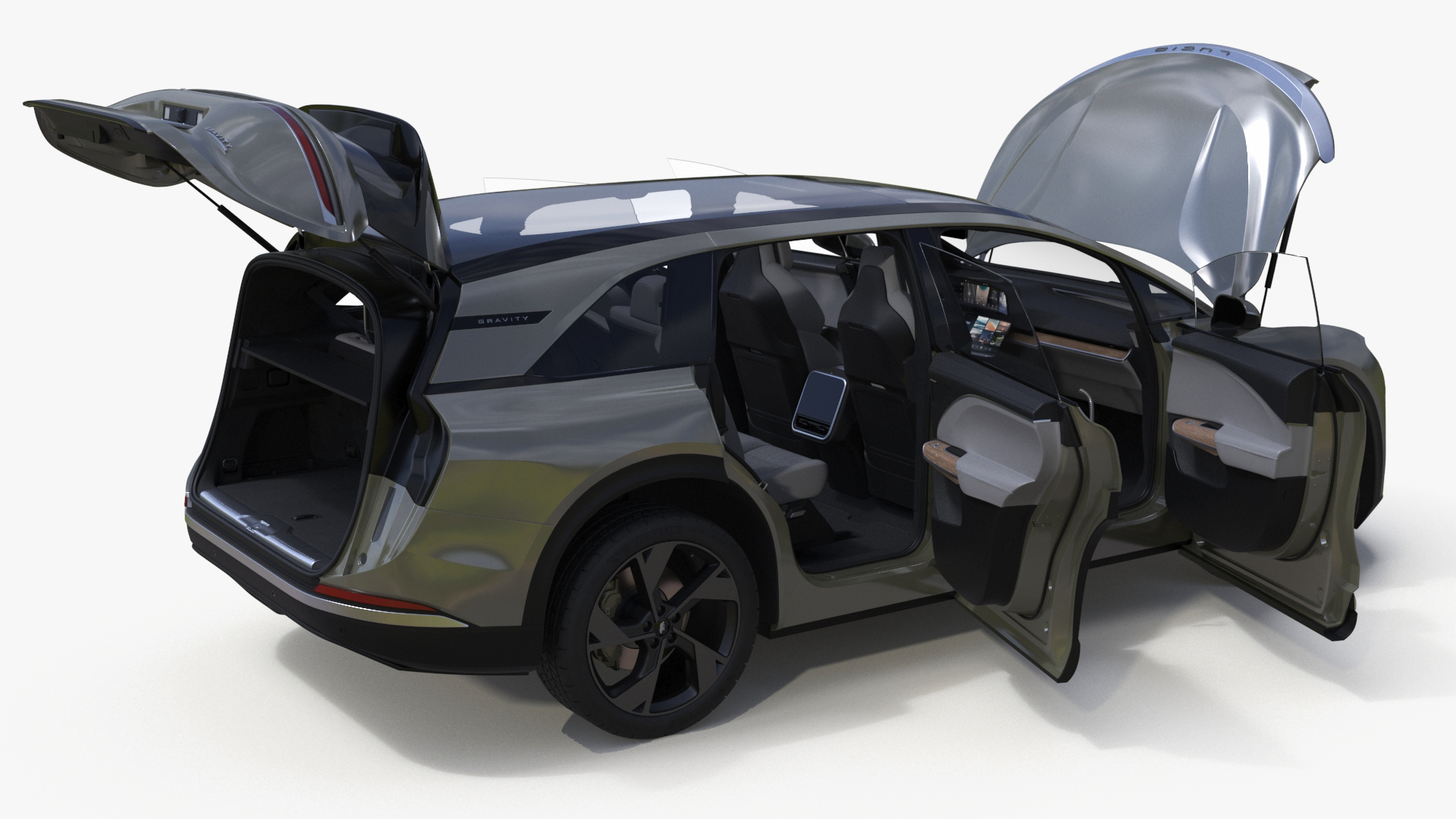 Lucid Gravity Olive Colored Electric SUV with Lights Off Rigged for Maya 3D