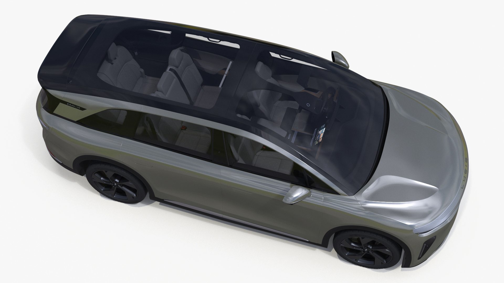 Lucid Gravity Olive Colored Electric SUV with Lights Off Rigged for Maya 3D