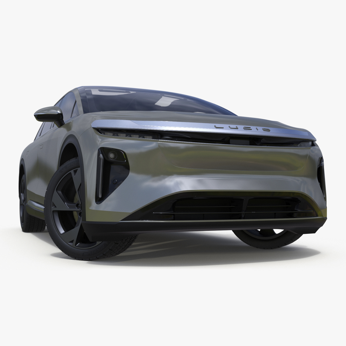 Lucid Gravity Olive Colored Electric SUV with Lights Off Rigged for Maya 3D