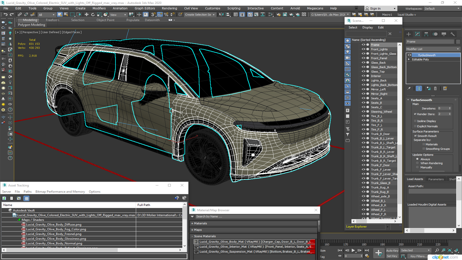 Lucid Gravity Olive Colored Electric SUV with Lights Off Rigged for Maya 3D