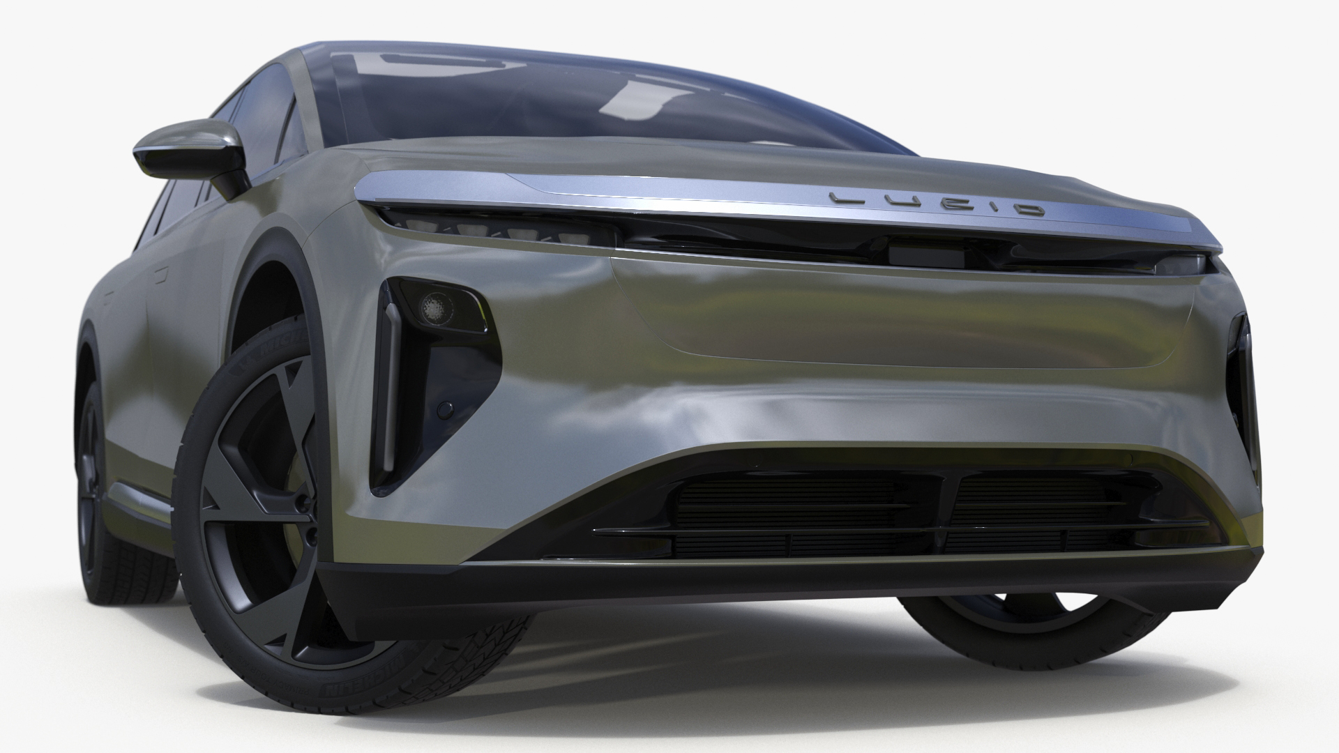 Lucid Gravity Olive Colored Electric SUV with Lights Off Rigged for Maya 3D