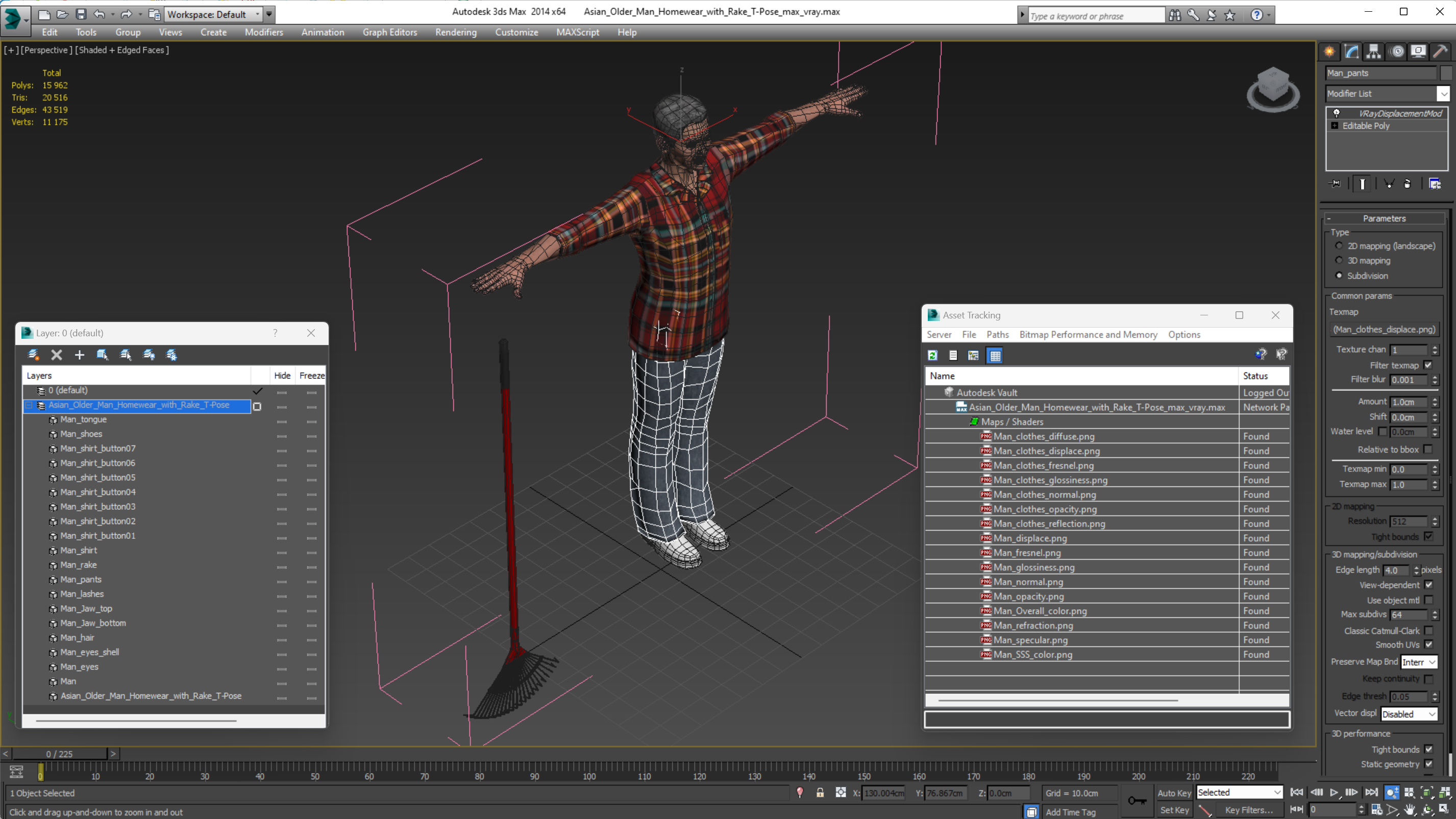 3D Asian Older Man Homewear with Rake T-Pose