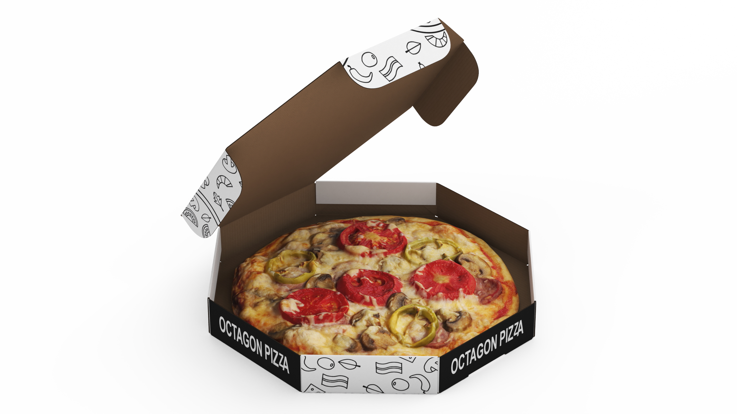 Octagonal Pizza Box with Pizza Rigged 3D