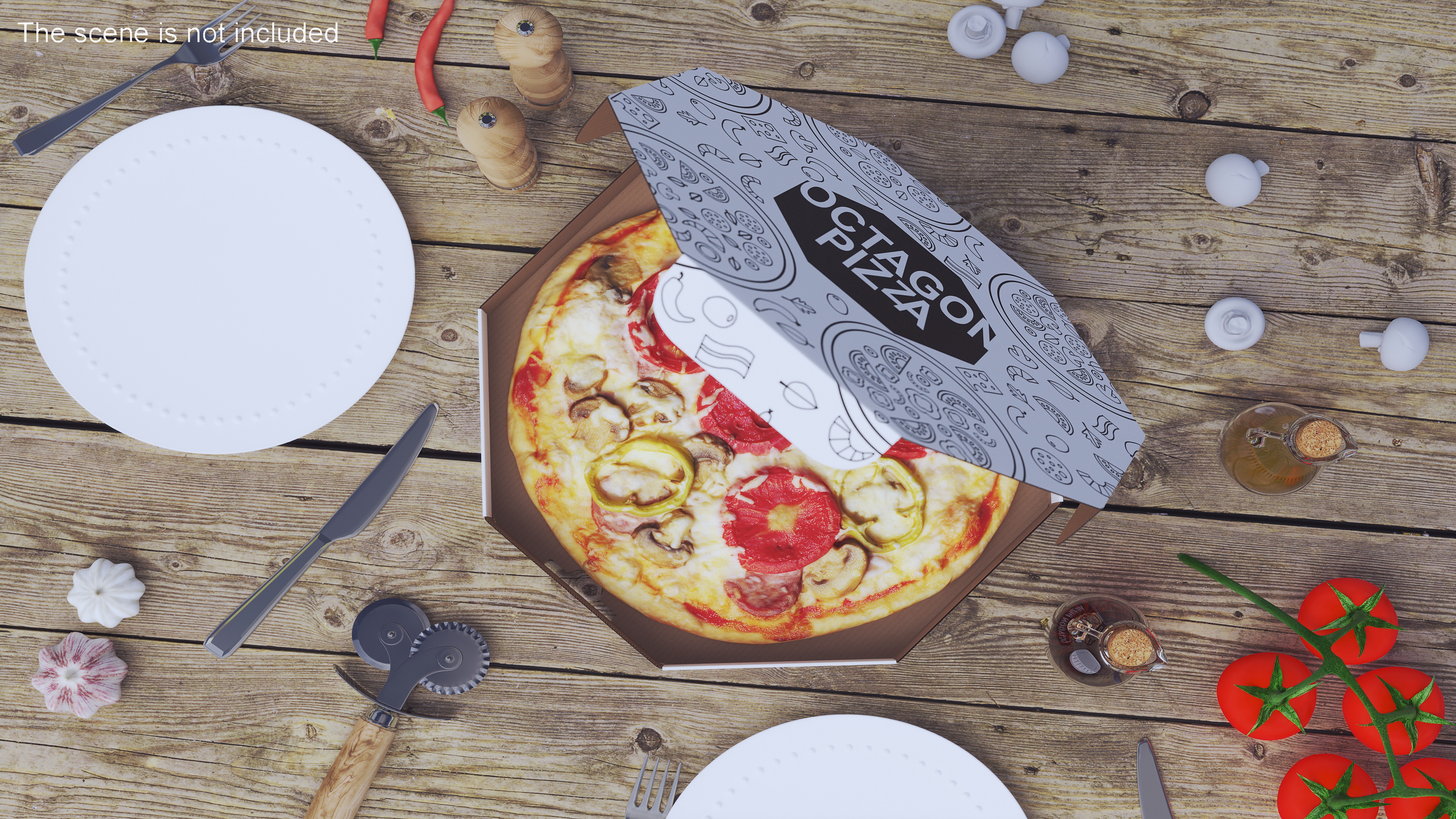 Octagonal Pizza Box with Pizza Rigged 3D