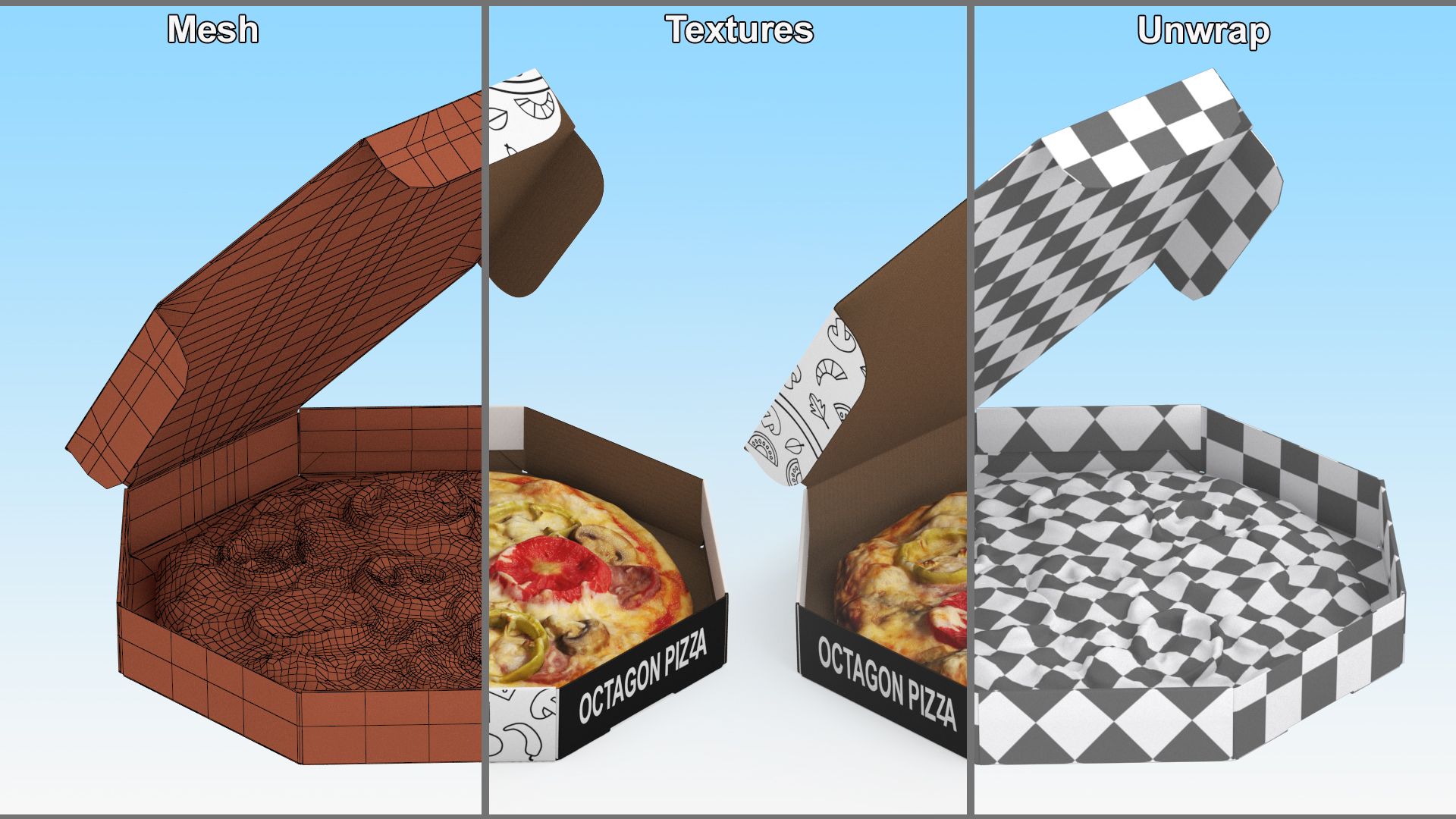 Octagonal Pizza Box with Pizza Rigged 3D