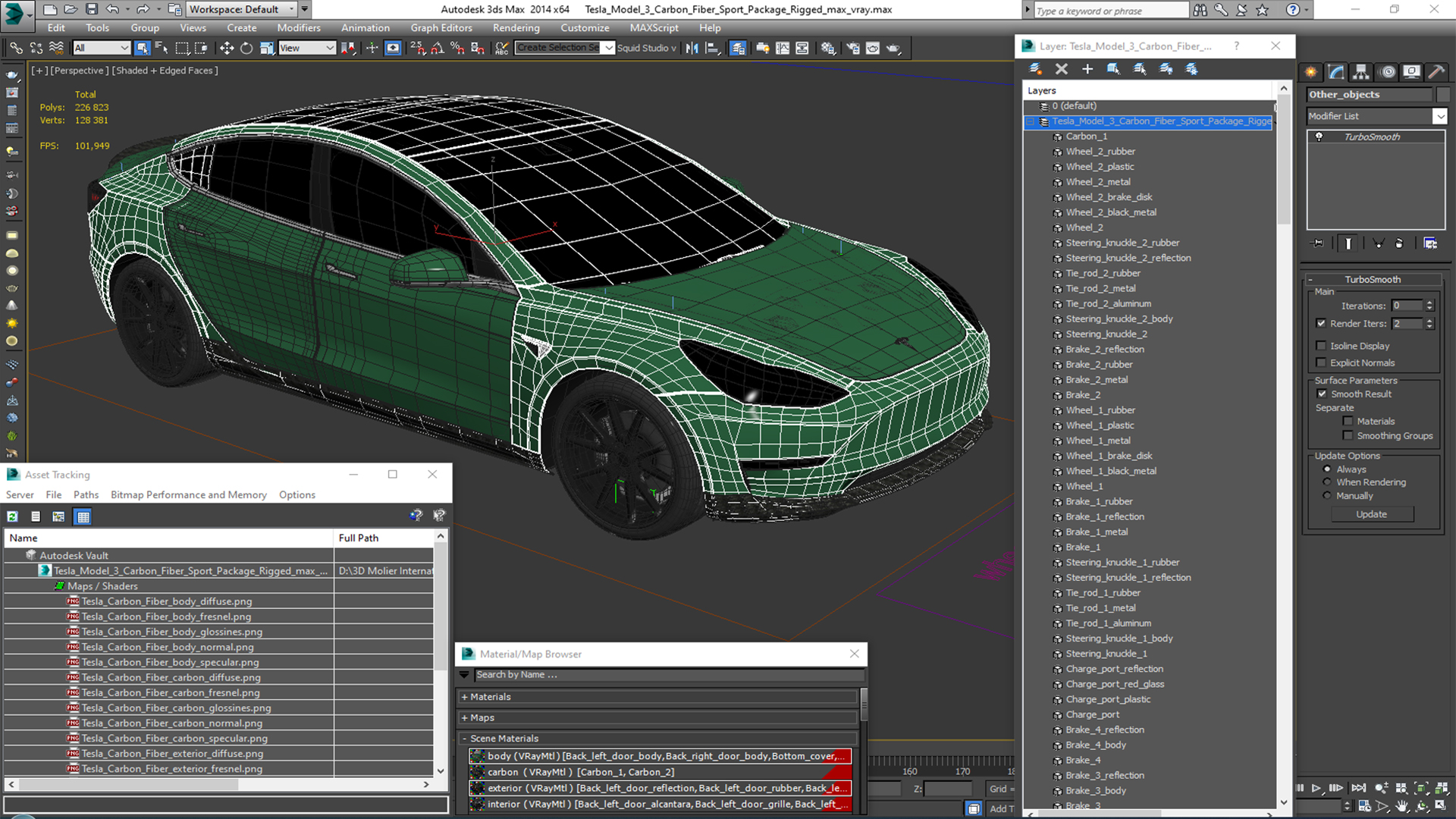 3D Tesla Model 3 Carbon Fiber Sport Package Rigged for Cinema 4D