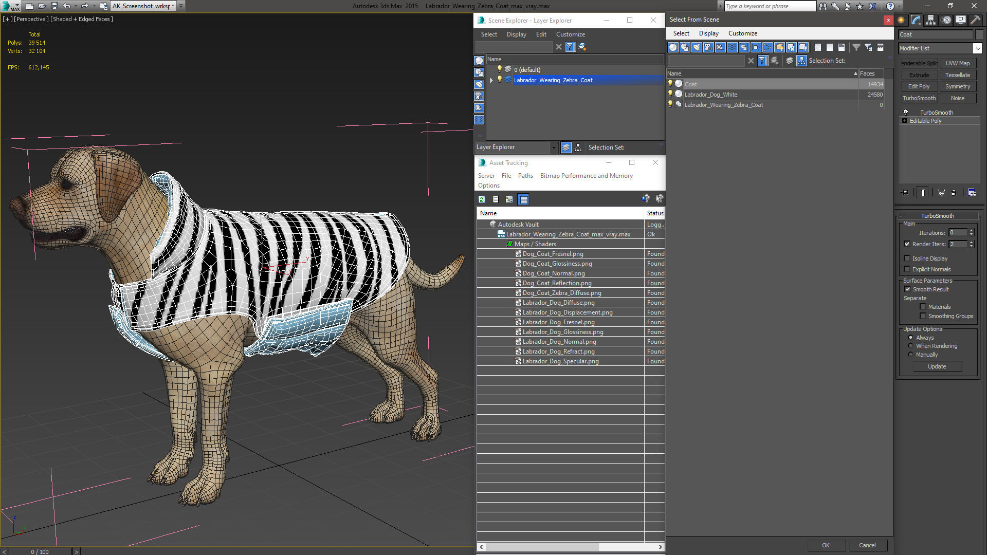 Labrador Wearing Zebra Coat 3D