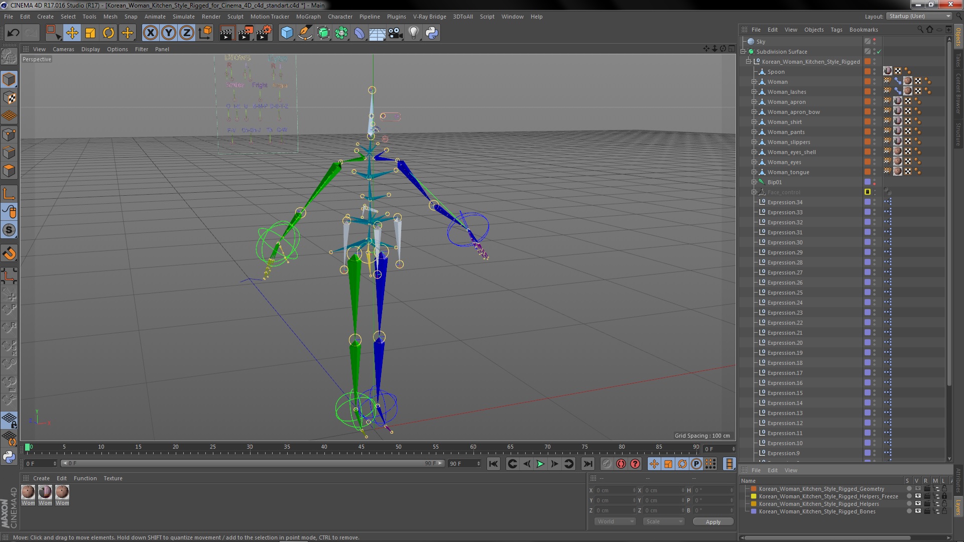 Korean Woman Kitchen Style Rigged for Cinema 4D 3D