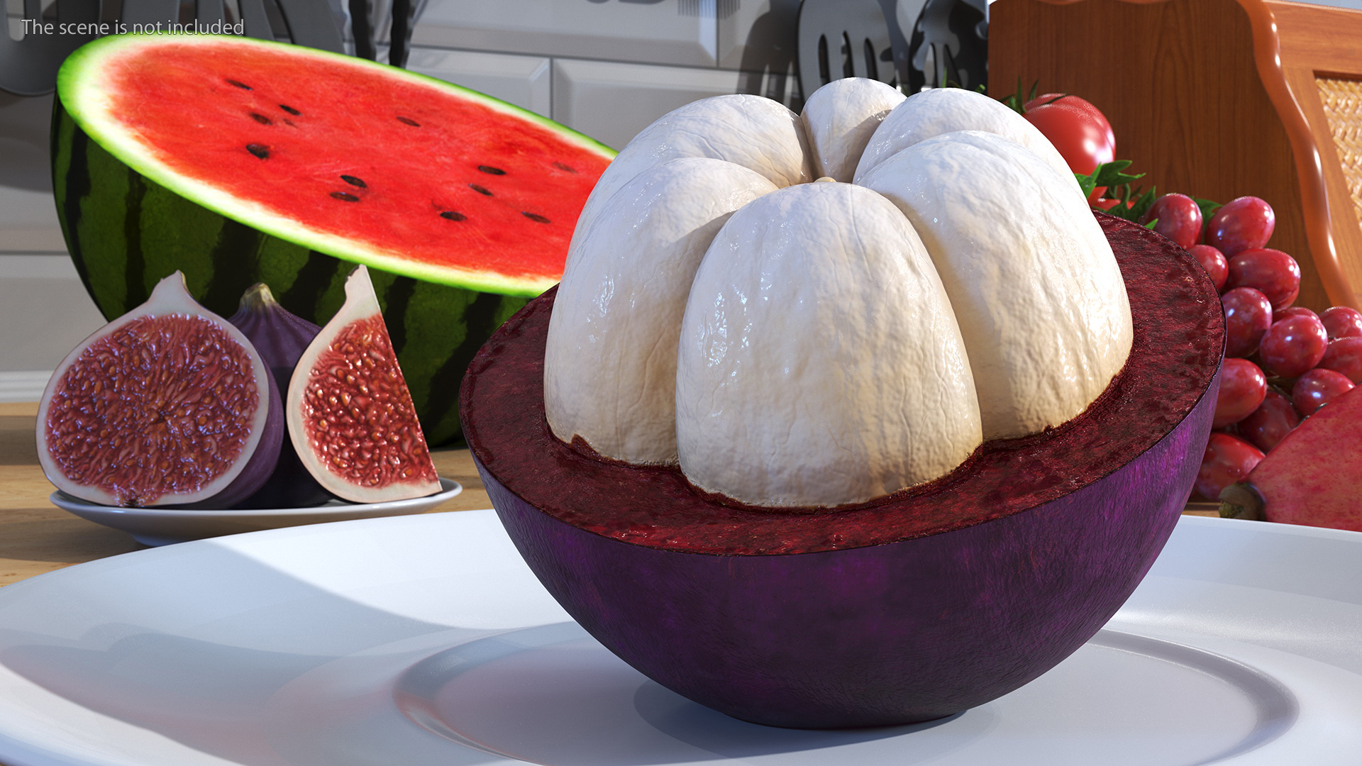 3D Half Peeled Tropical Mangosteen on White Plate