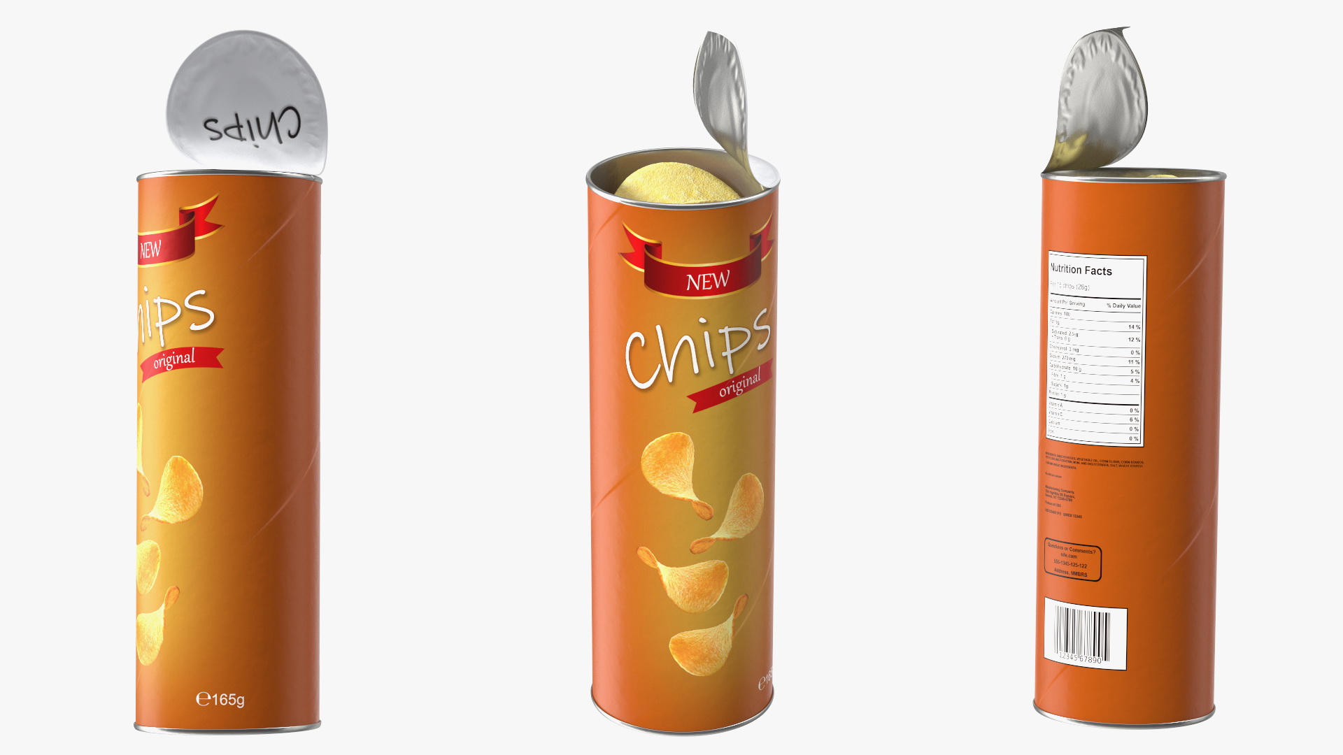 3D Open Potato Chips in Tube Package model