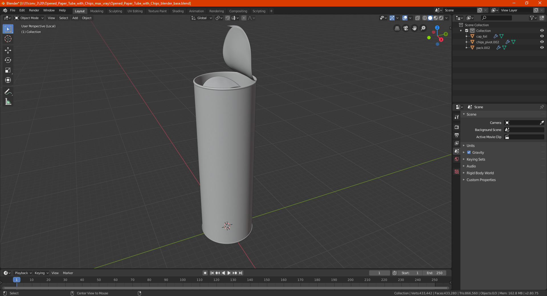 3D Open Potato Chips in Tube Package model