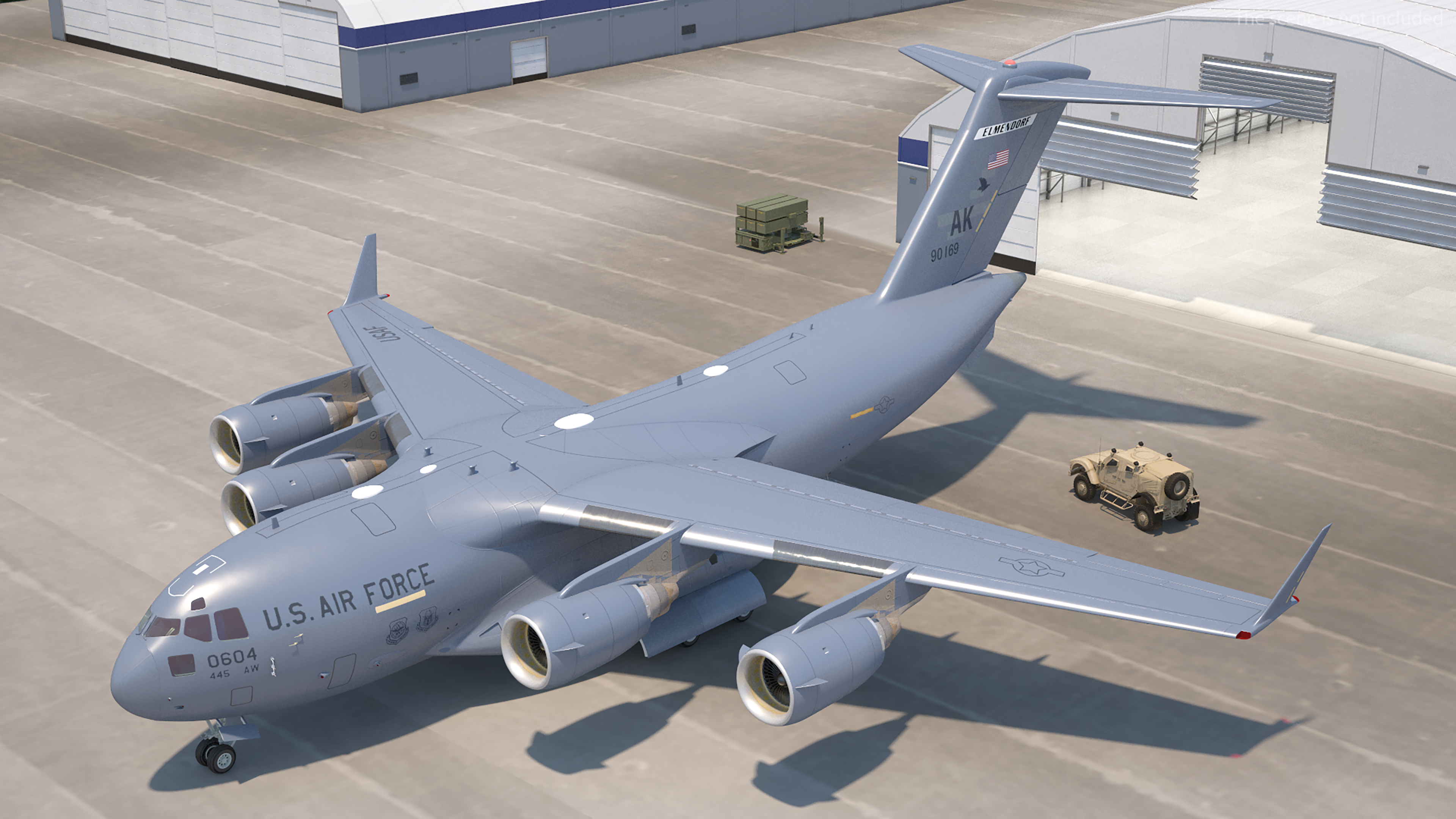 3D Boeing C17 Globemaster III Transport Aircraft with Oshkosh M ATV Loaded Rigged model