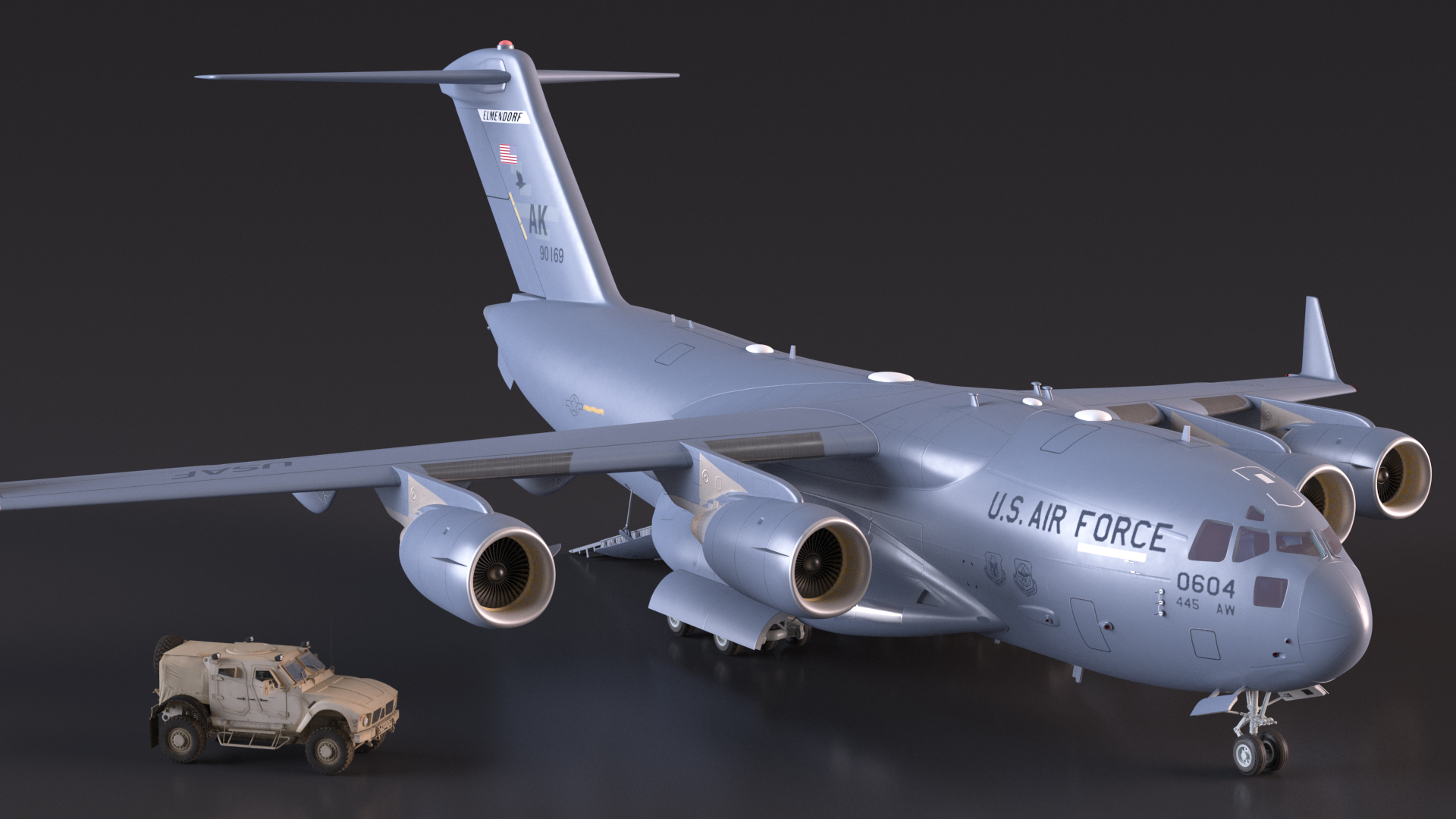 3D Boeing C17 Globemaster III Transport Aircraft with Oshkosh M ATV Loaded Rigged model