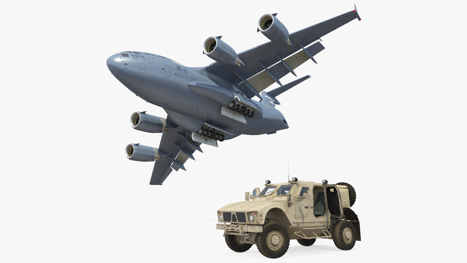 3D Boeing C17 Globemaster III Transport Aircraft with Oshkosh M ATV Loaded Rigged model