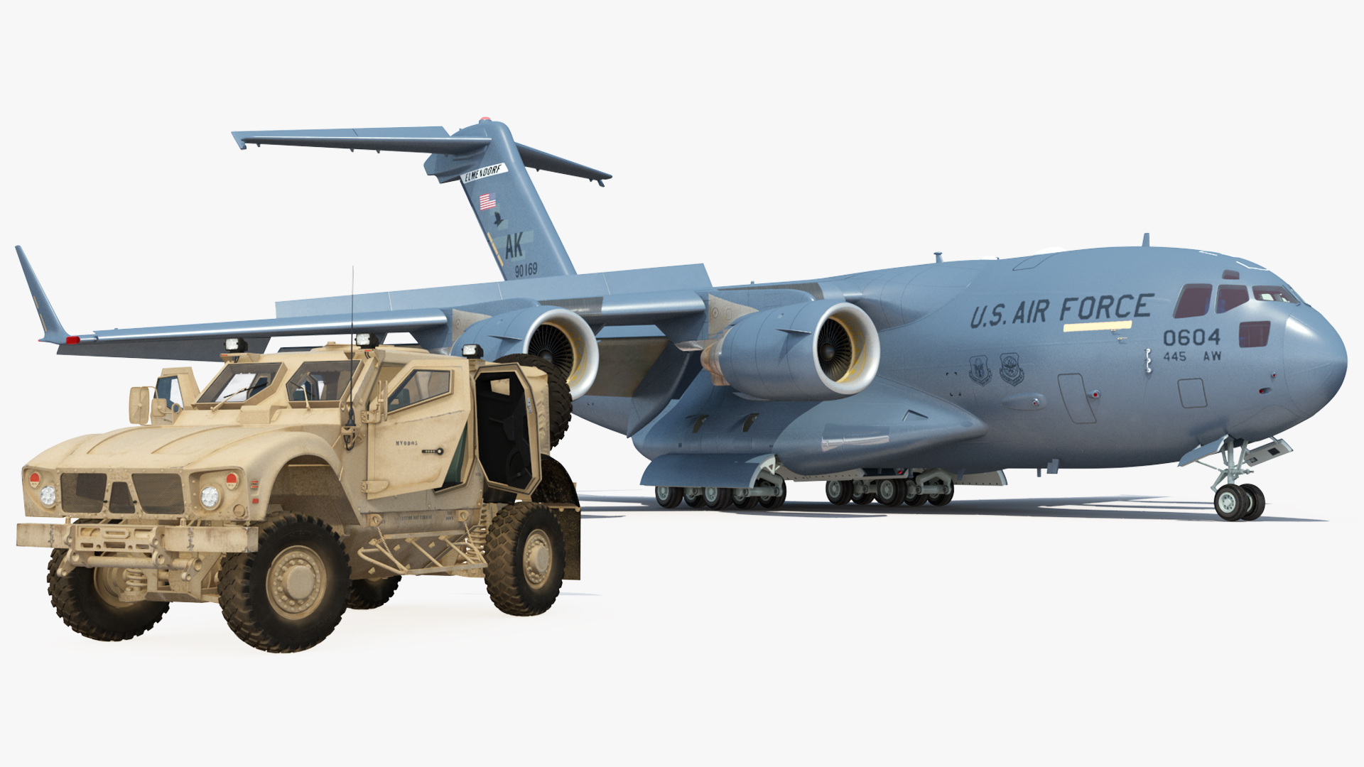 3D Boeing C17 Globemaster III Transport Aircraft with Oshkosh M ATV Loaded Rigged model