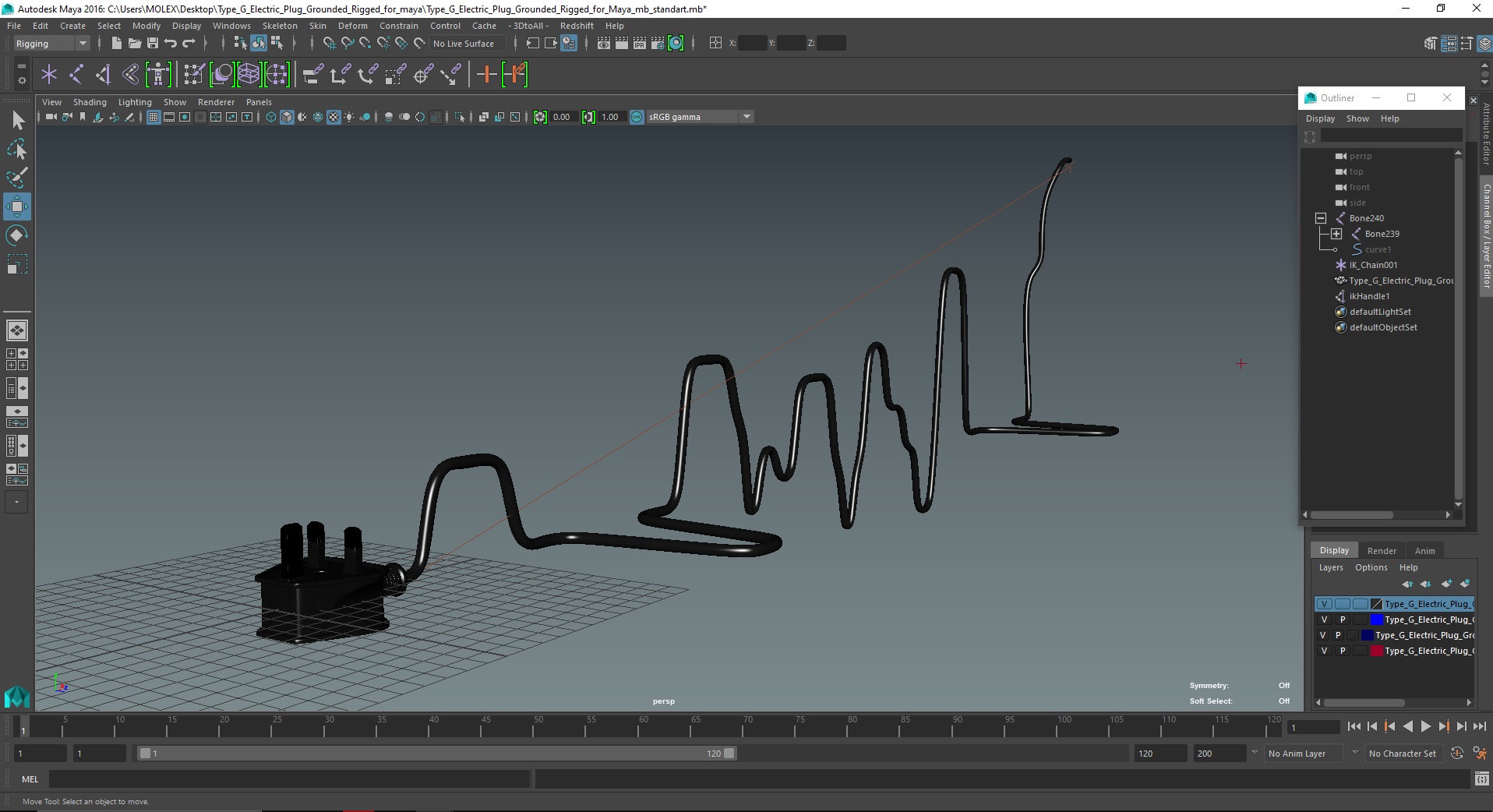 3D model Type G Electric Plug Grounded Rigged for Maya