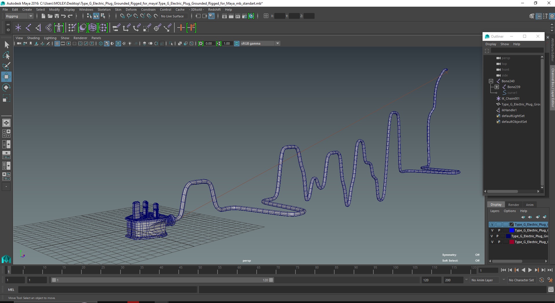3D model Type G Electric Plug Grounded Rigged for Maya