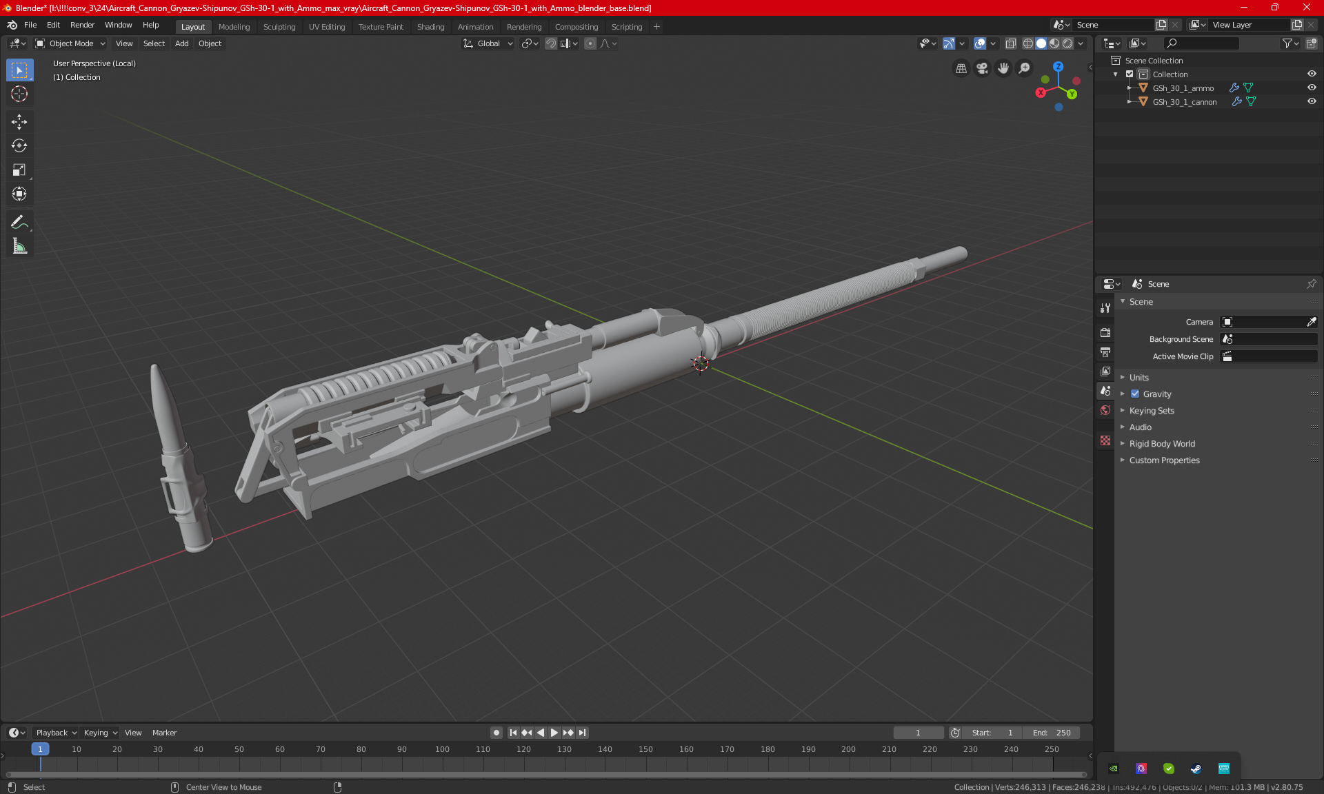 3D Aircraft Cannon Gryazev-Shipunov GSh-30-1 with Ammo