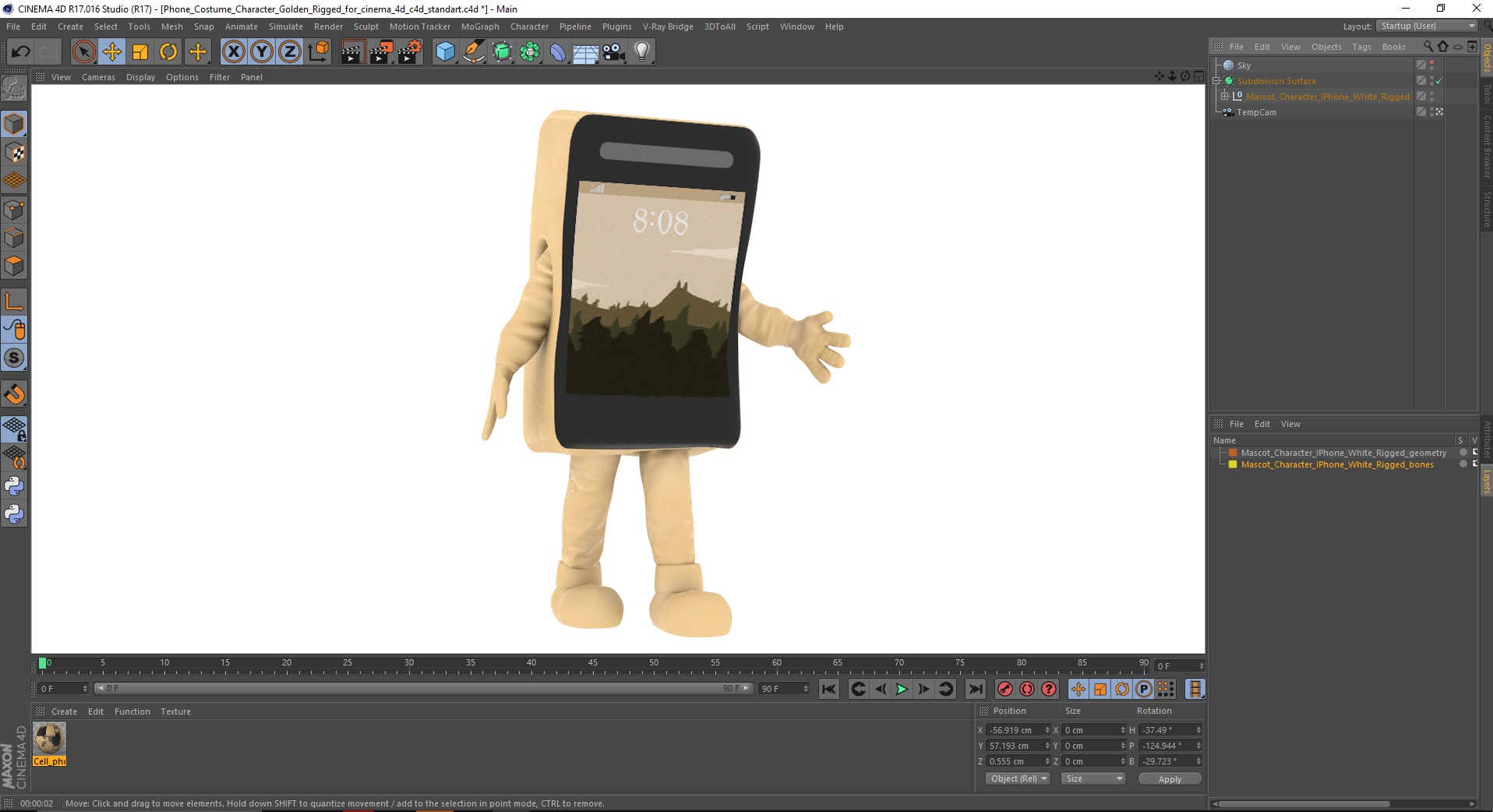 3D Phone Costume Character Golden Rigged for Cinema 4D