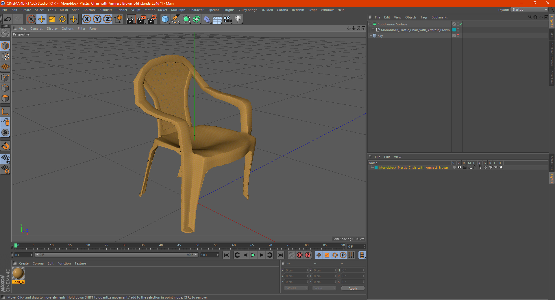 Monoblock Plastic Chair with Armrest Brown 3D