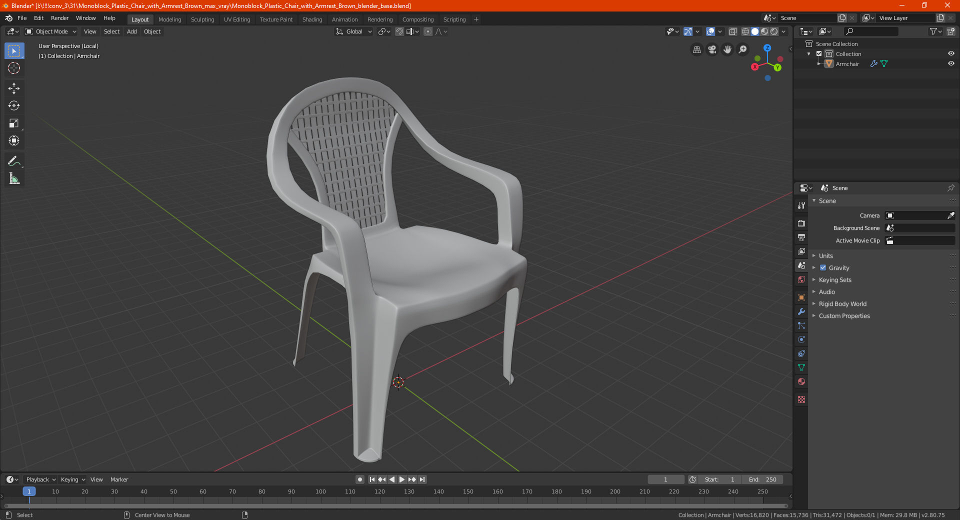 Monoblock Plastic Chair with Armrest Brown 3D