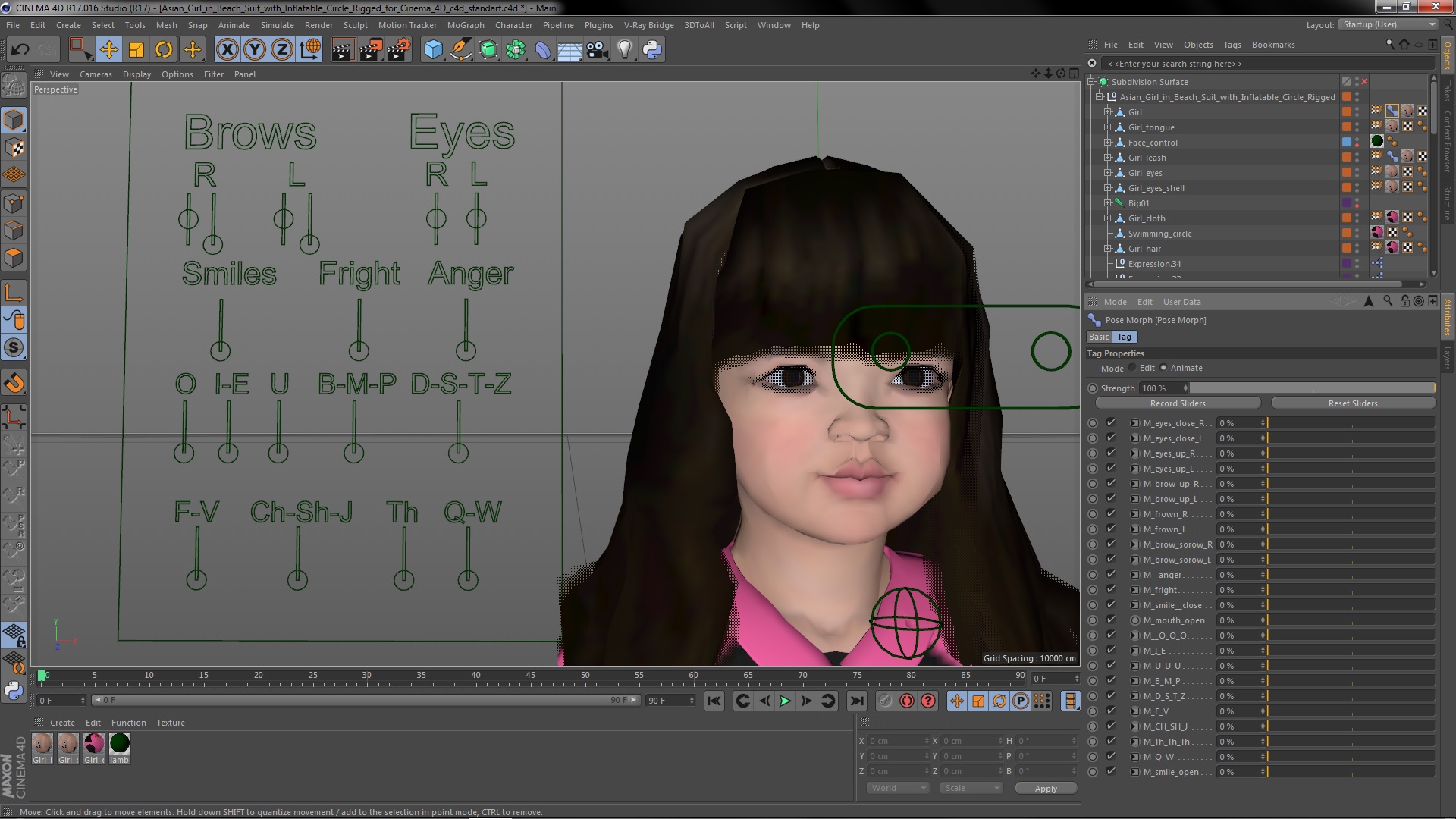 3D Asian Girl in Beach Suit with Inflatable Circle Rigged for Cinema 4D model