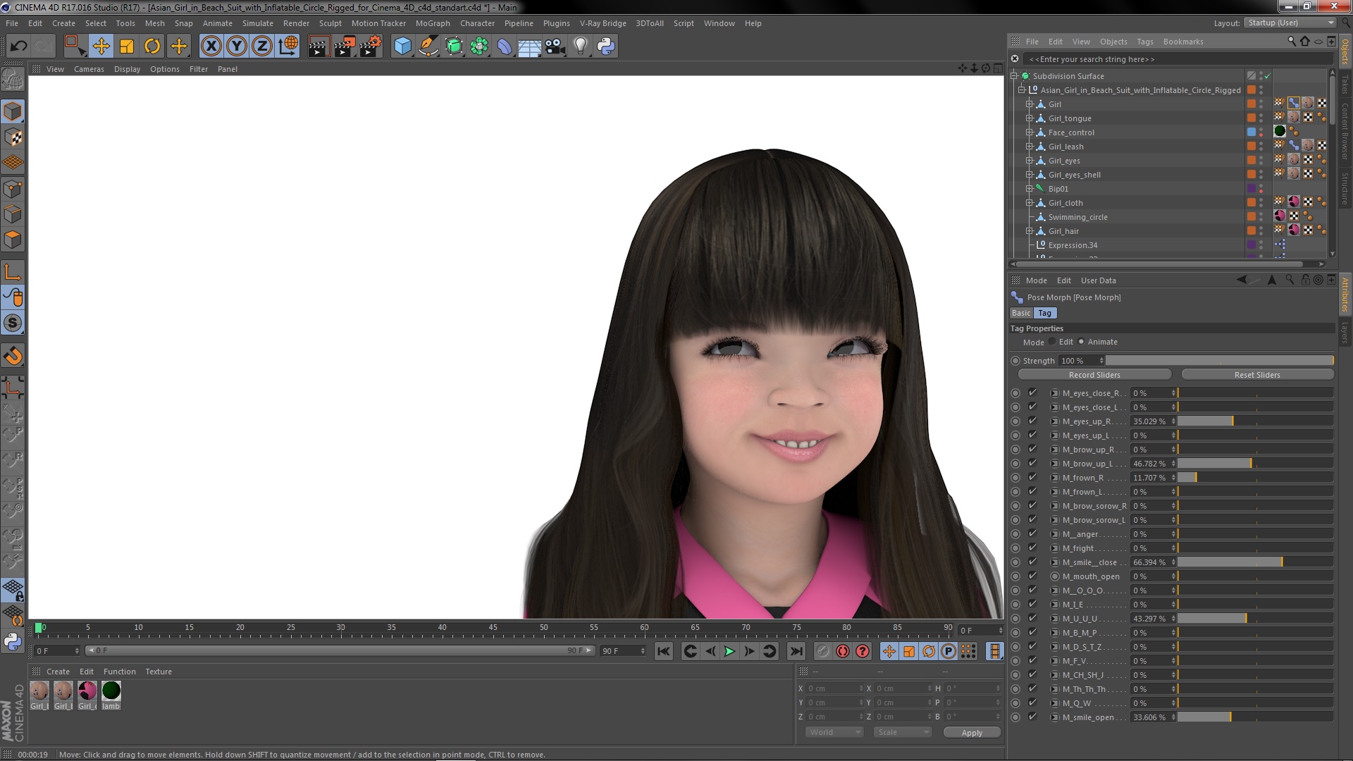 3D Asian Girl in Beach Suit with Inflatable Circle Rigged for Cinema 4D model