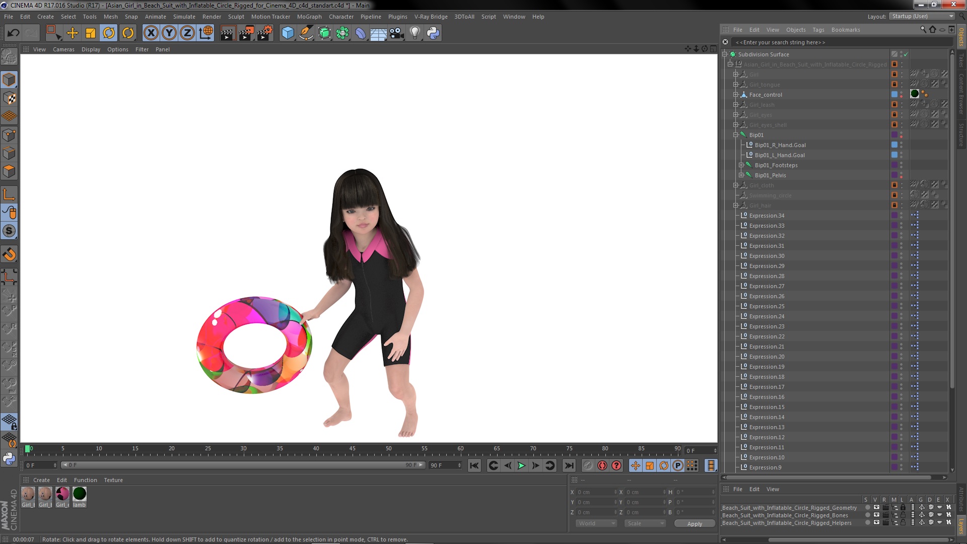 3D Asian Girl in Beach Suit with Inflatable Circle Rigged for Cinema 4D model