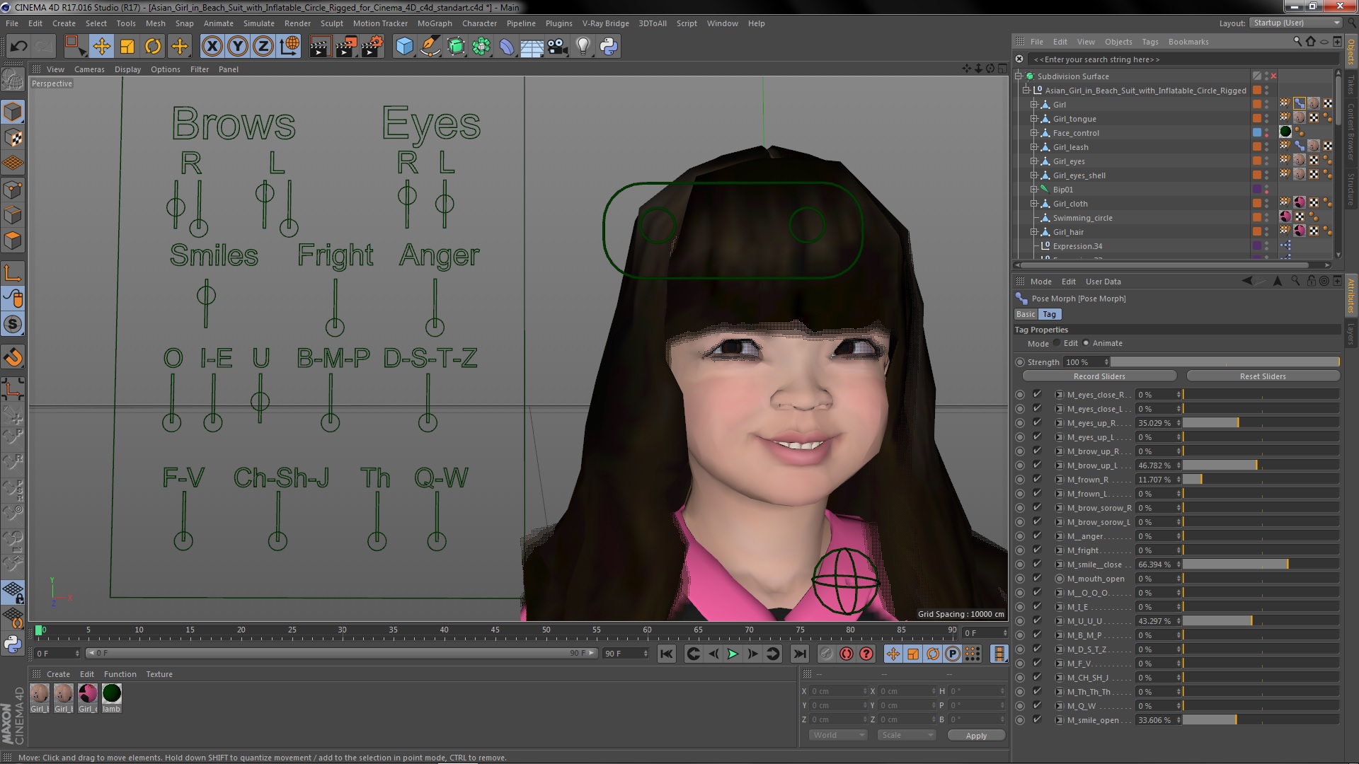 3D Asian Girl in Beach Suit with Inflatable Circle Rigged for Cinema 4D model