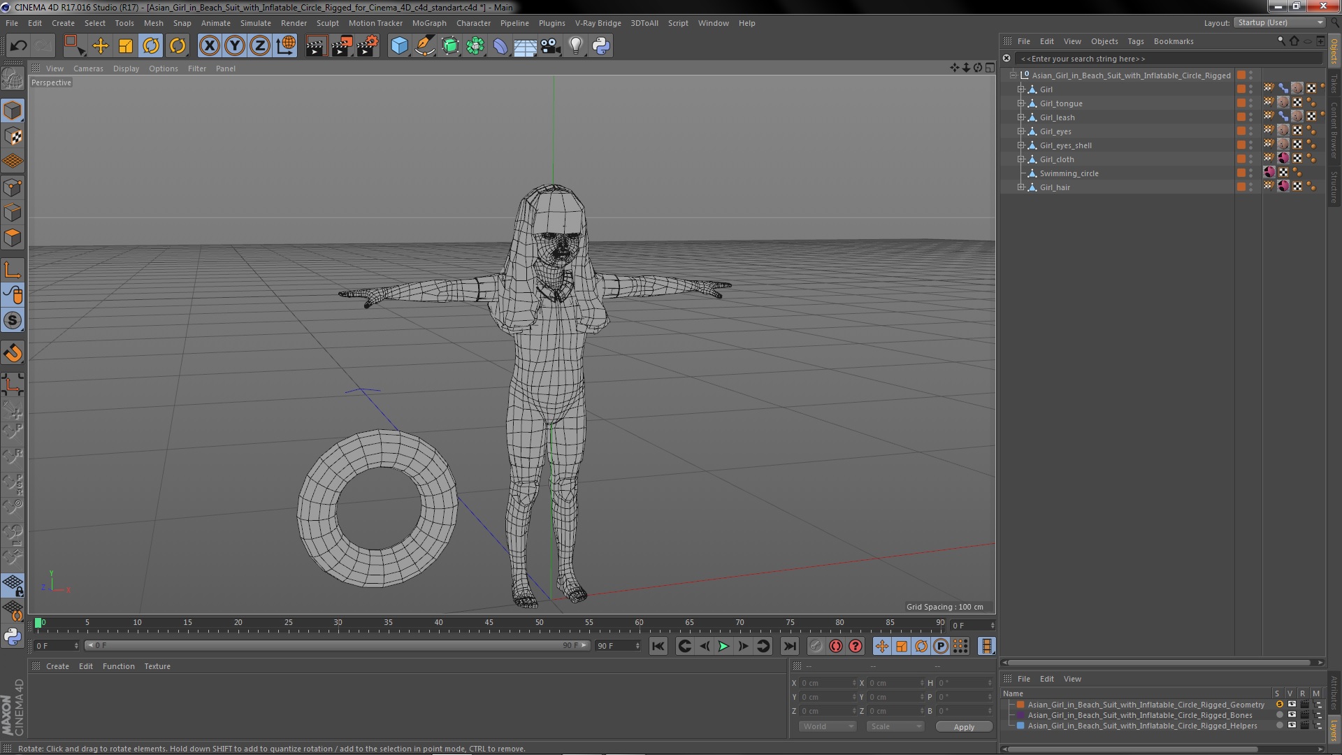 3D Asian Girl in Beach Suit with Inflatable Circle Rigged for Cinema 4D model