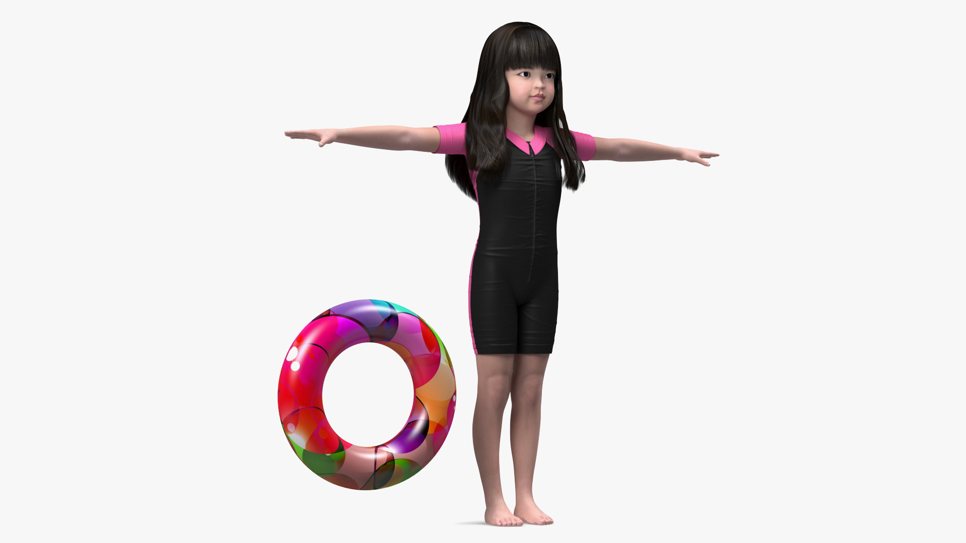 3D Asian Girl in Beach Suit with Inflatable Circle Rigged for Cinema 4D model