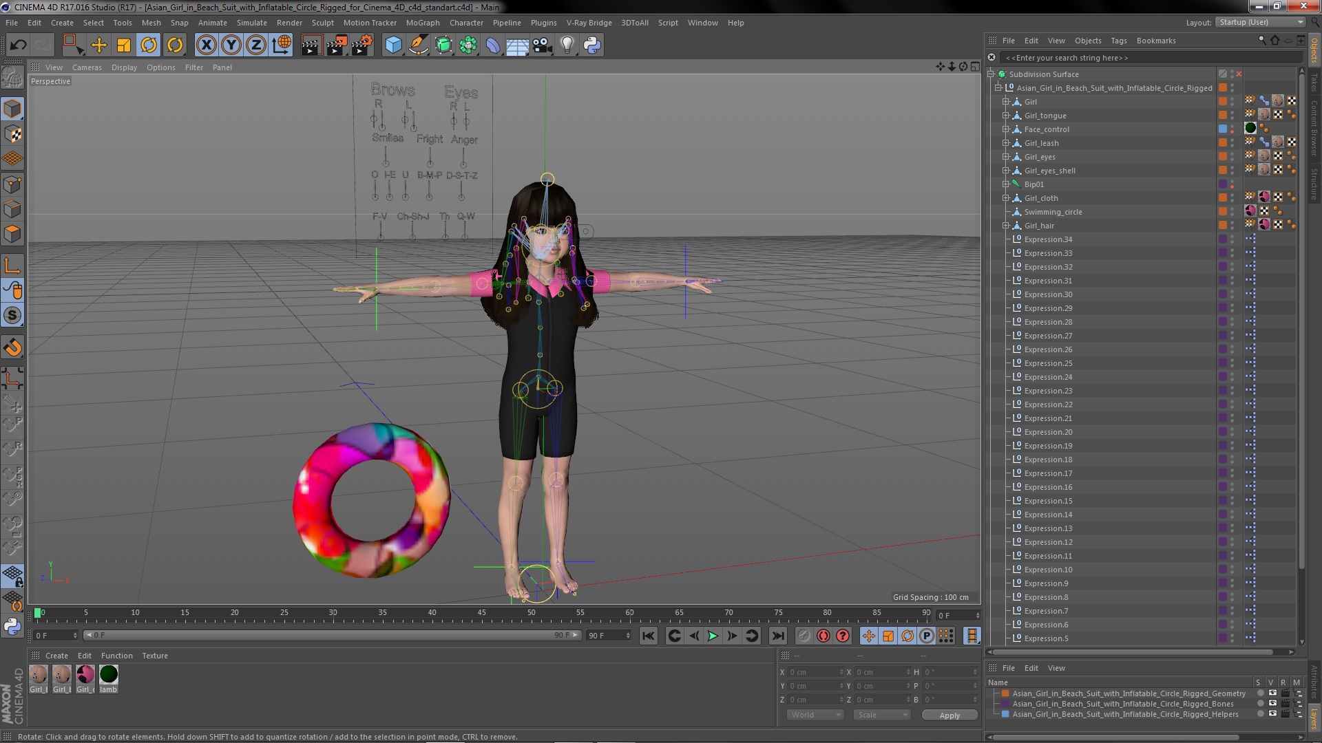 3D Asian Girl in Beach Suit with Inflatable Circle Rigged for Cinema 4D model