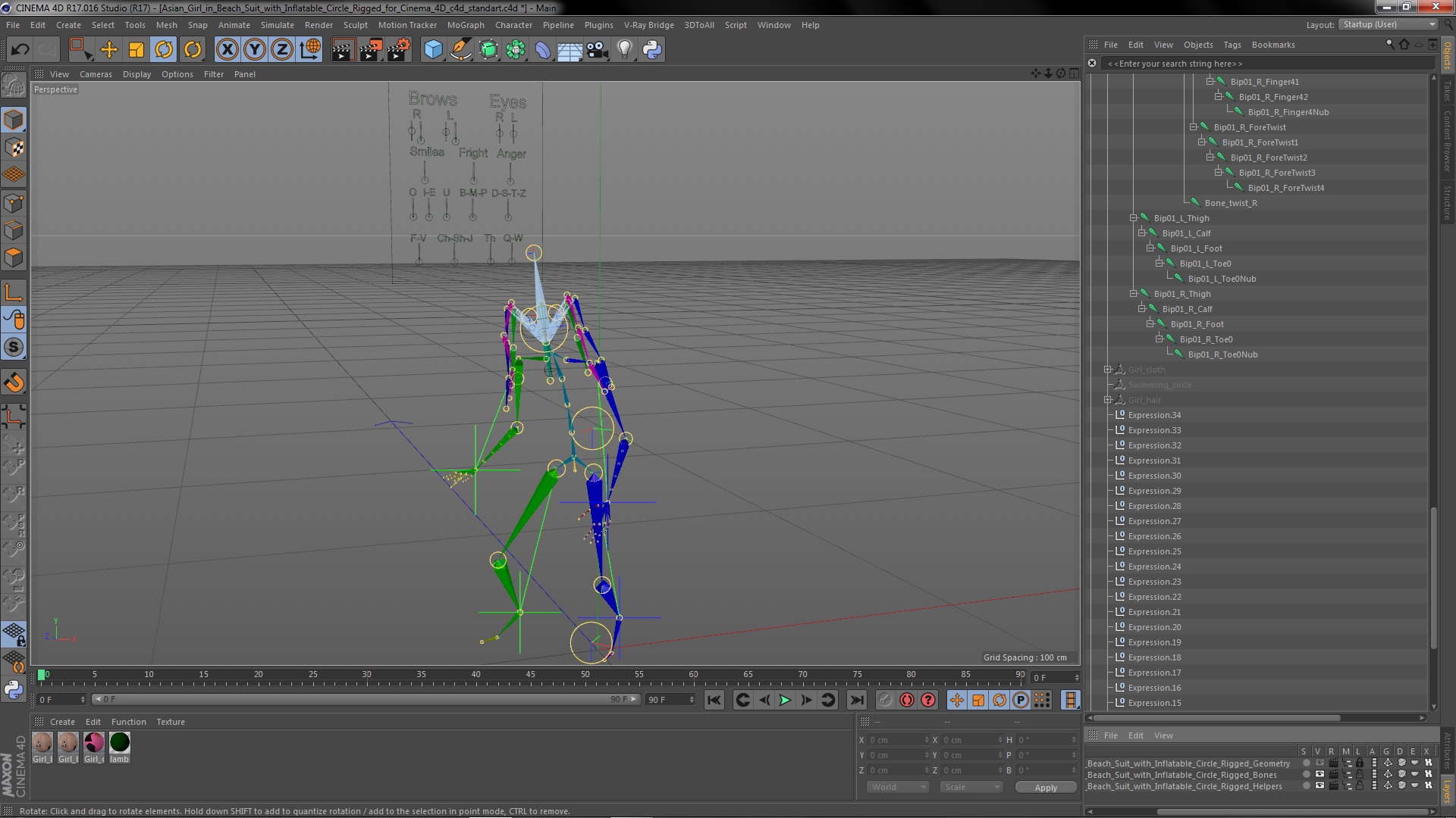 3D Asian Girl in Beach Suit with Inflatable Circle Rigged for Cinema 4D model