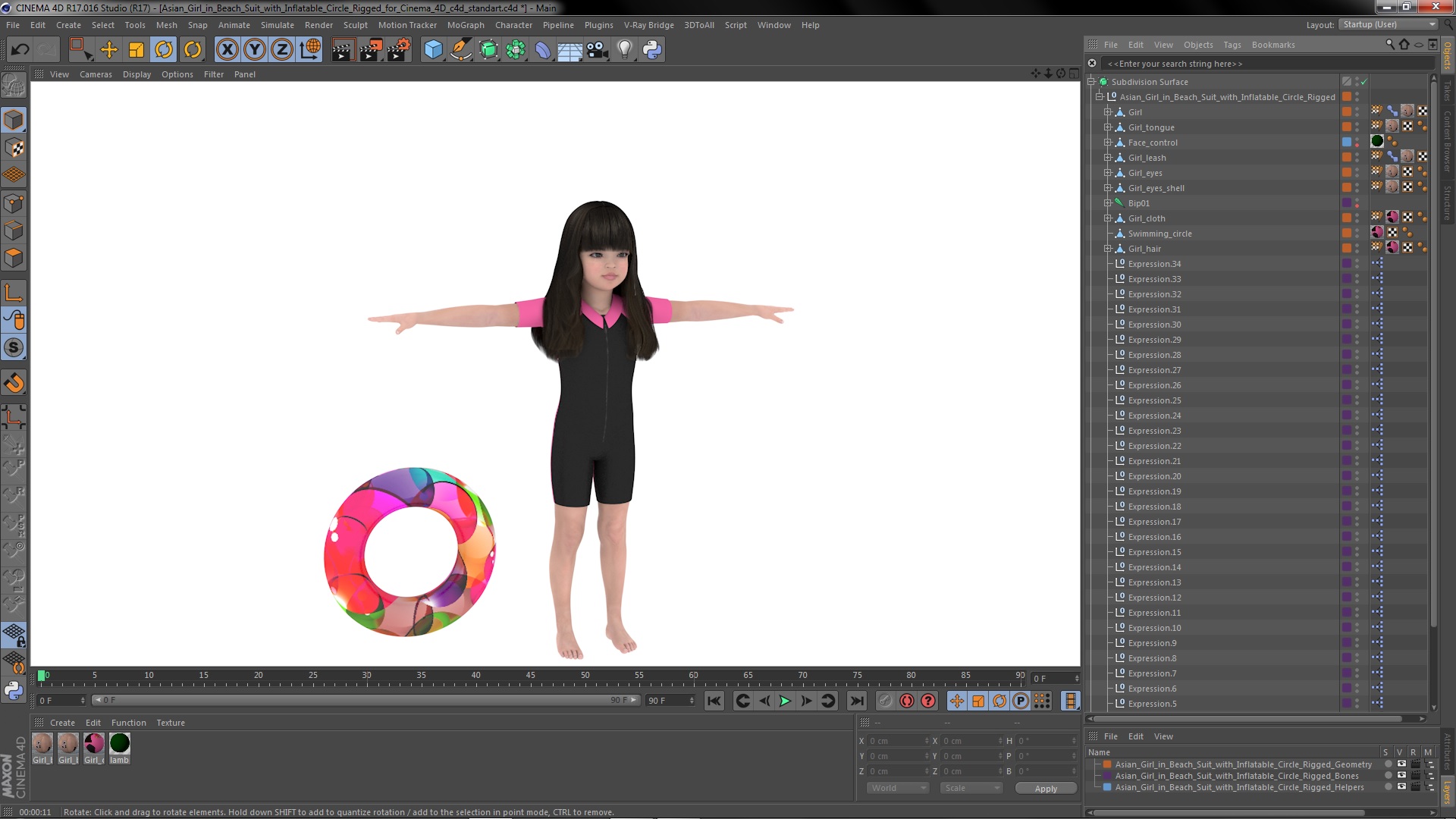 3D Asian Girl in Beach Suit with Inflatable Circle Rigged for Cinema 4D model