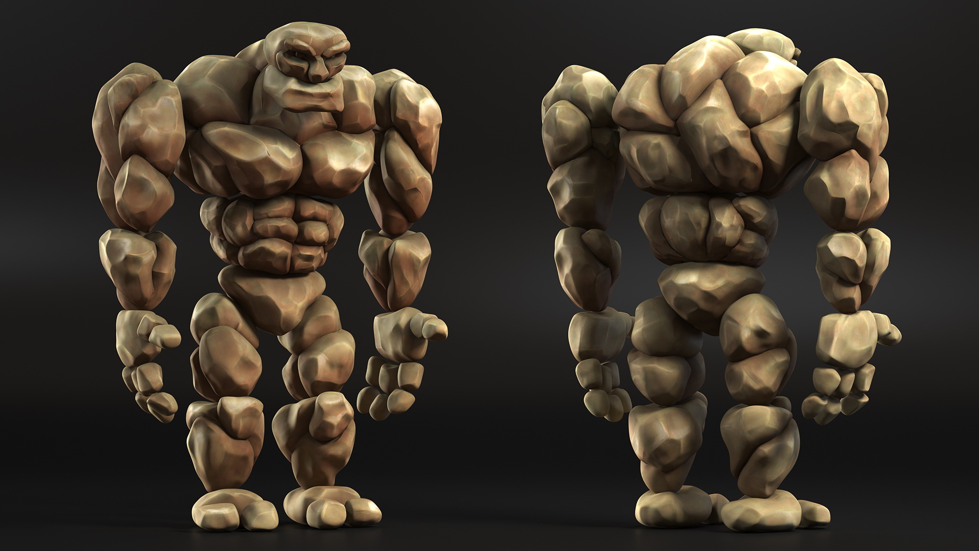 3D Stone Golem Cartoon Character Brown Rigged for Modo