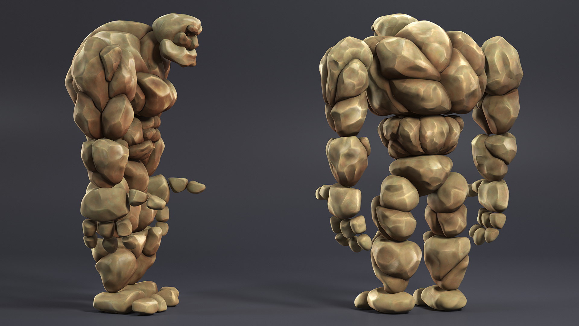 3D Stone Golem Cartoon Character Brown Rigged for Modo
