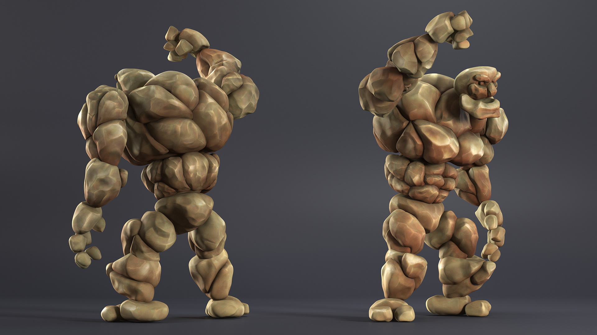 3D Stone Golem Cartoon Character Brown Rigged for Modo