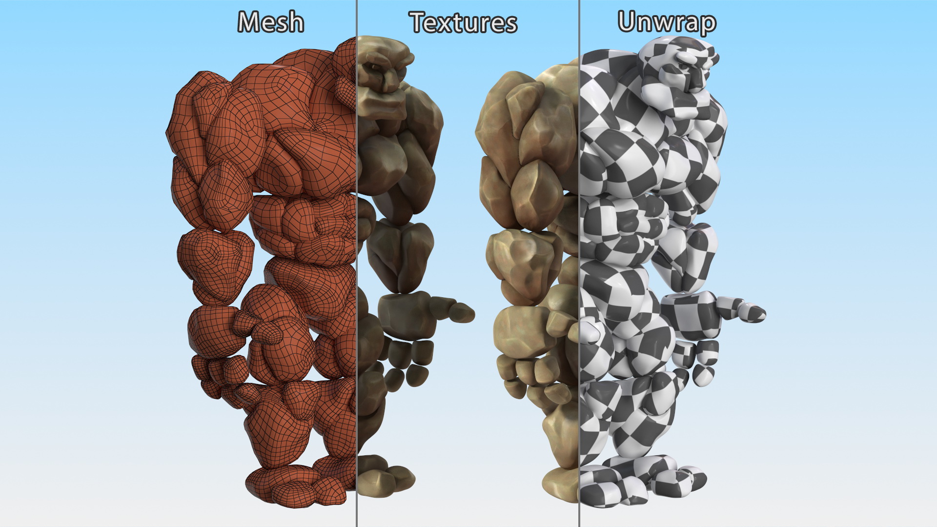 3D Stone Golem Cartoon Character Brown Rigged for Modo